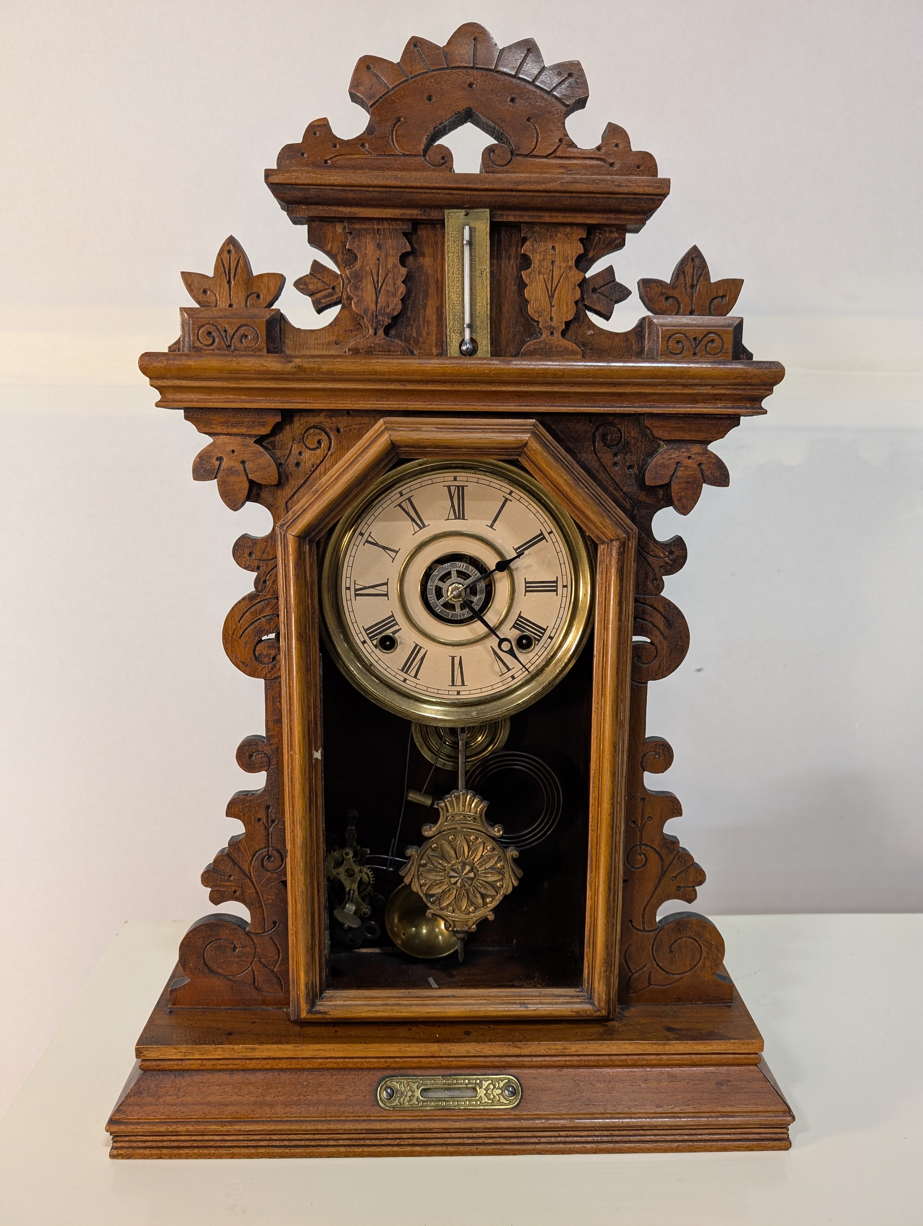 Vintage Carved Wood Mantel Clock with Pendulum and Thermometer