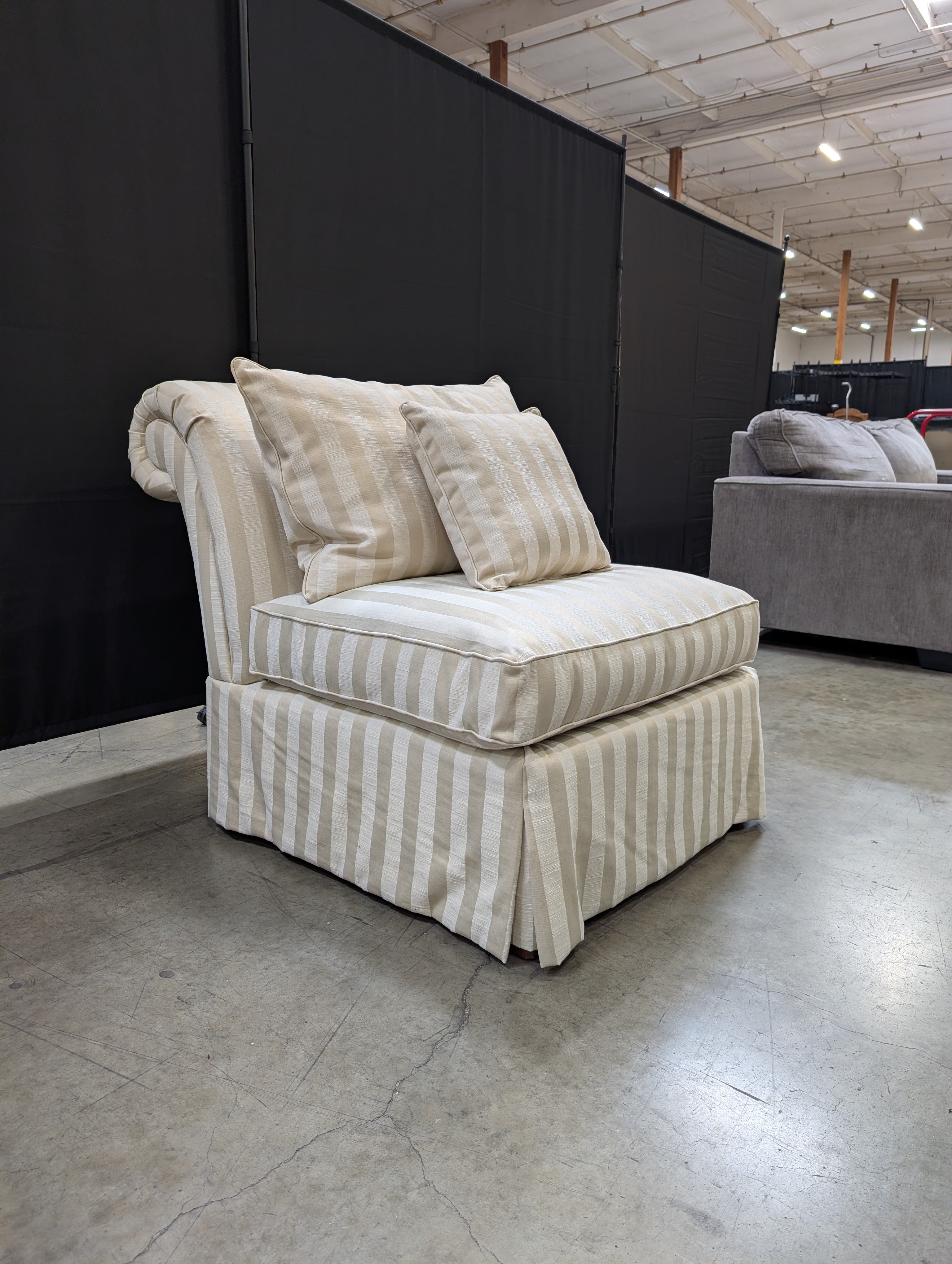 Cream and Beige Striped Upholstered Armless Accent Chair