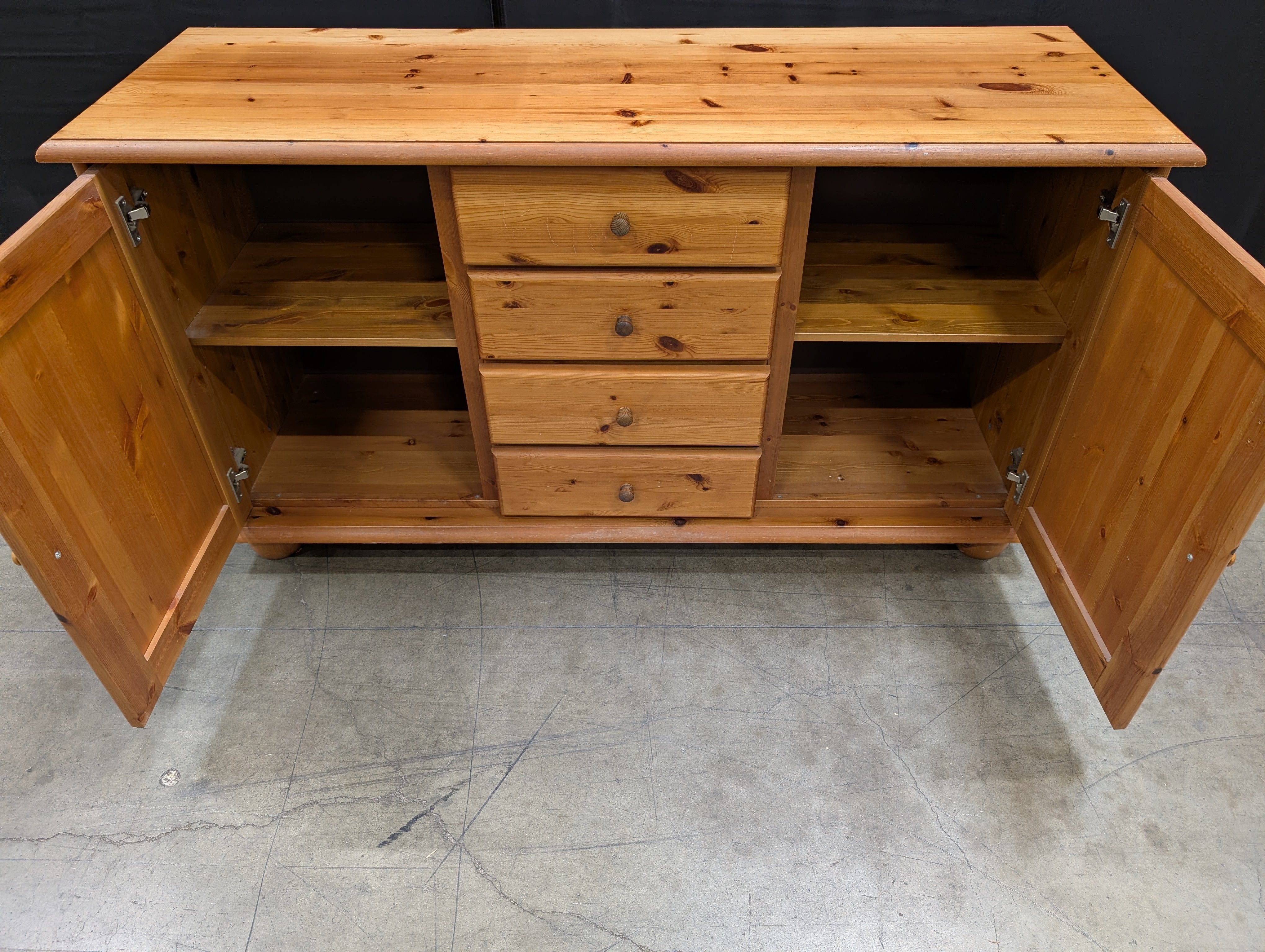 Rustic Pine Wood Sideboard with Cabinets and Drawers