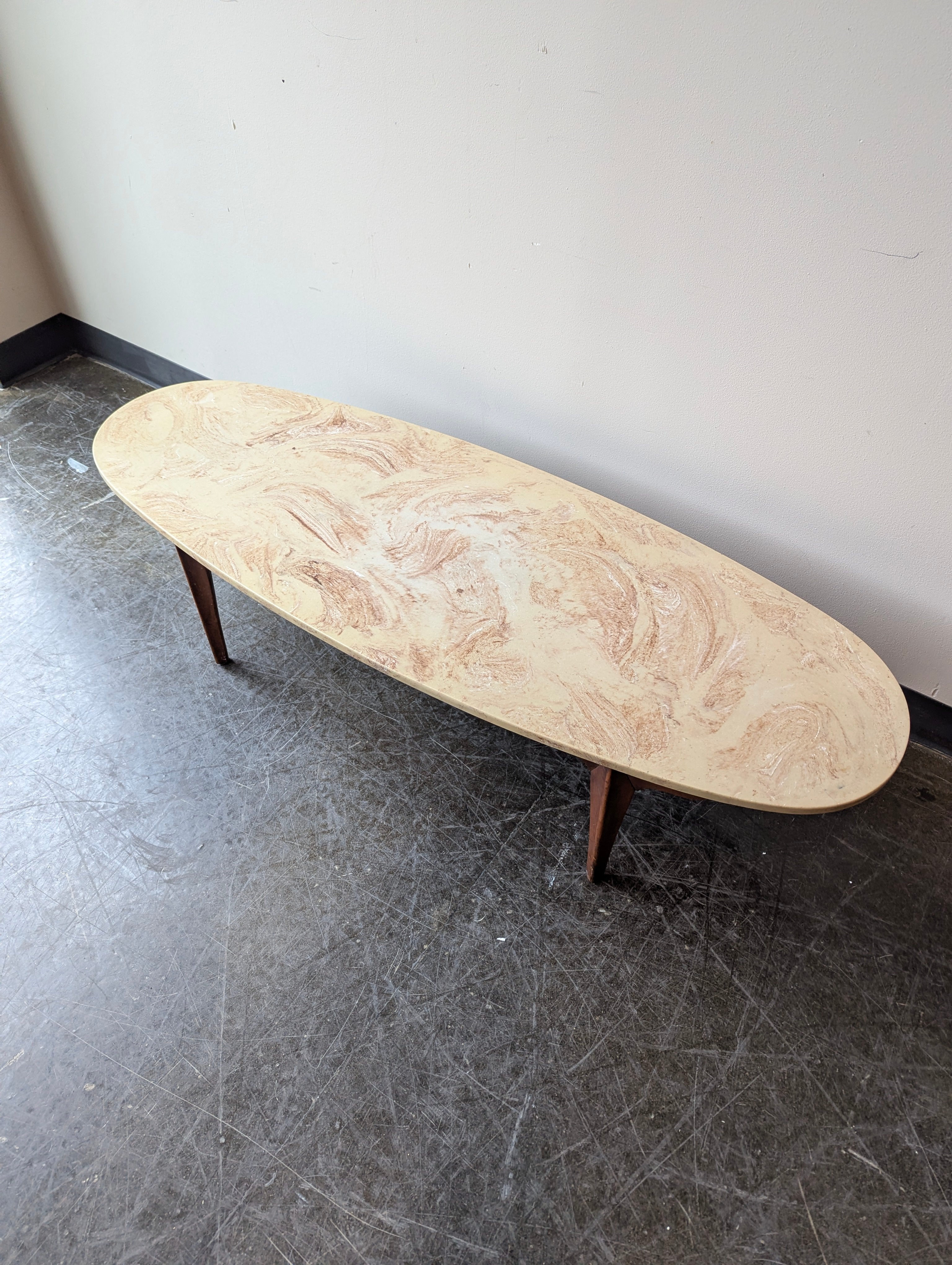 Mid-Century Style Oval Console Table with Marbled Top