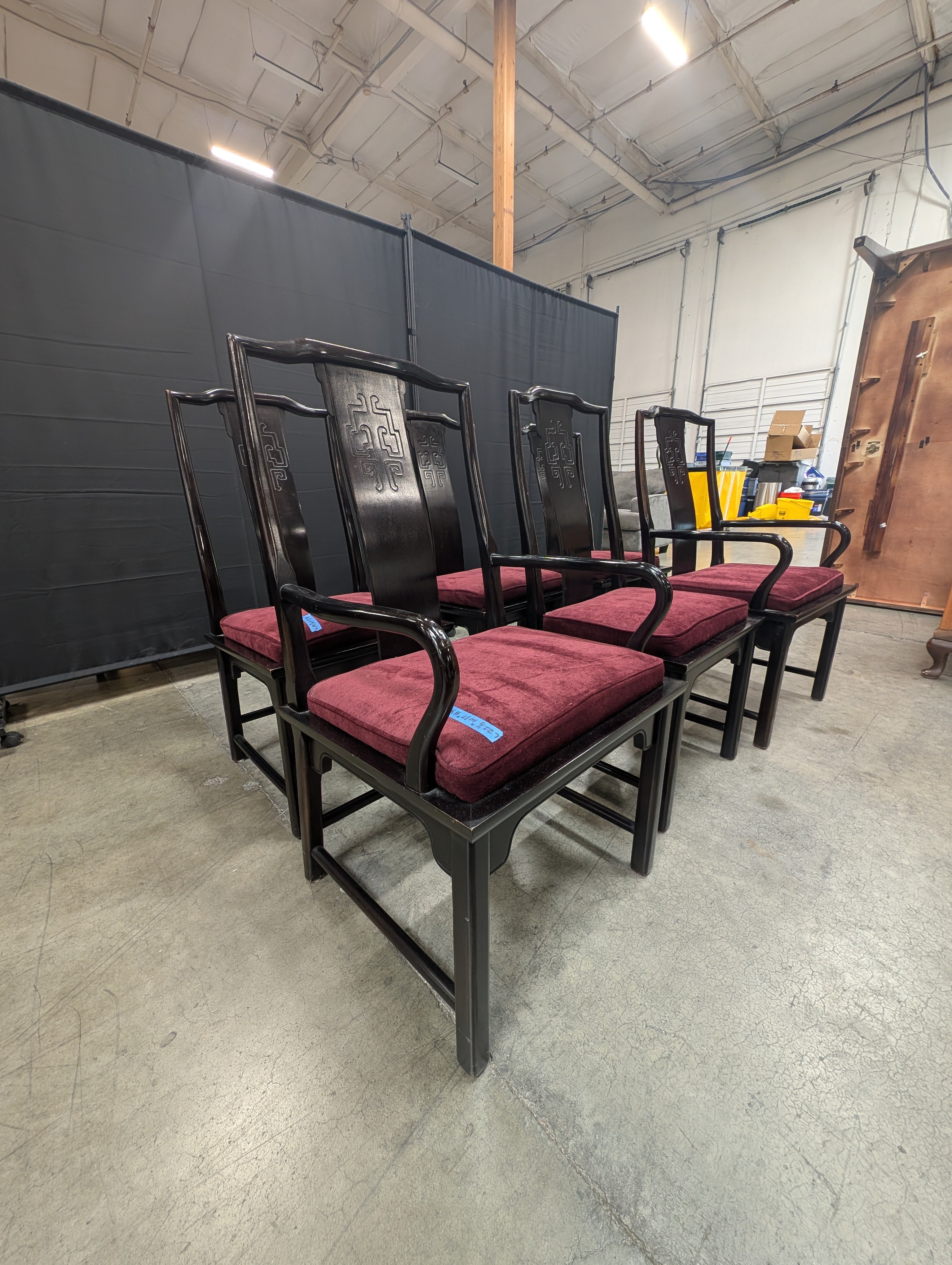 Set of Six Century Furniture INC. Black Lacquer Dining Chair with Burgundy