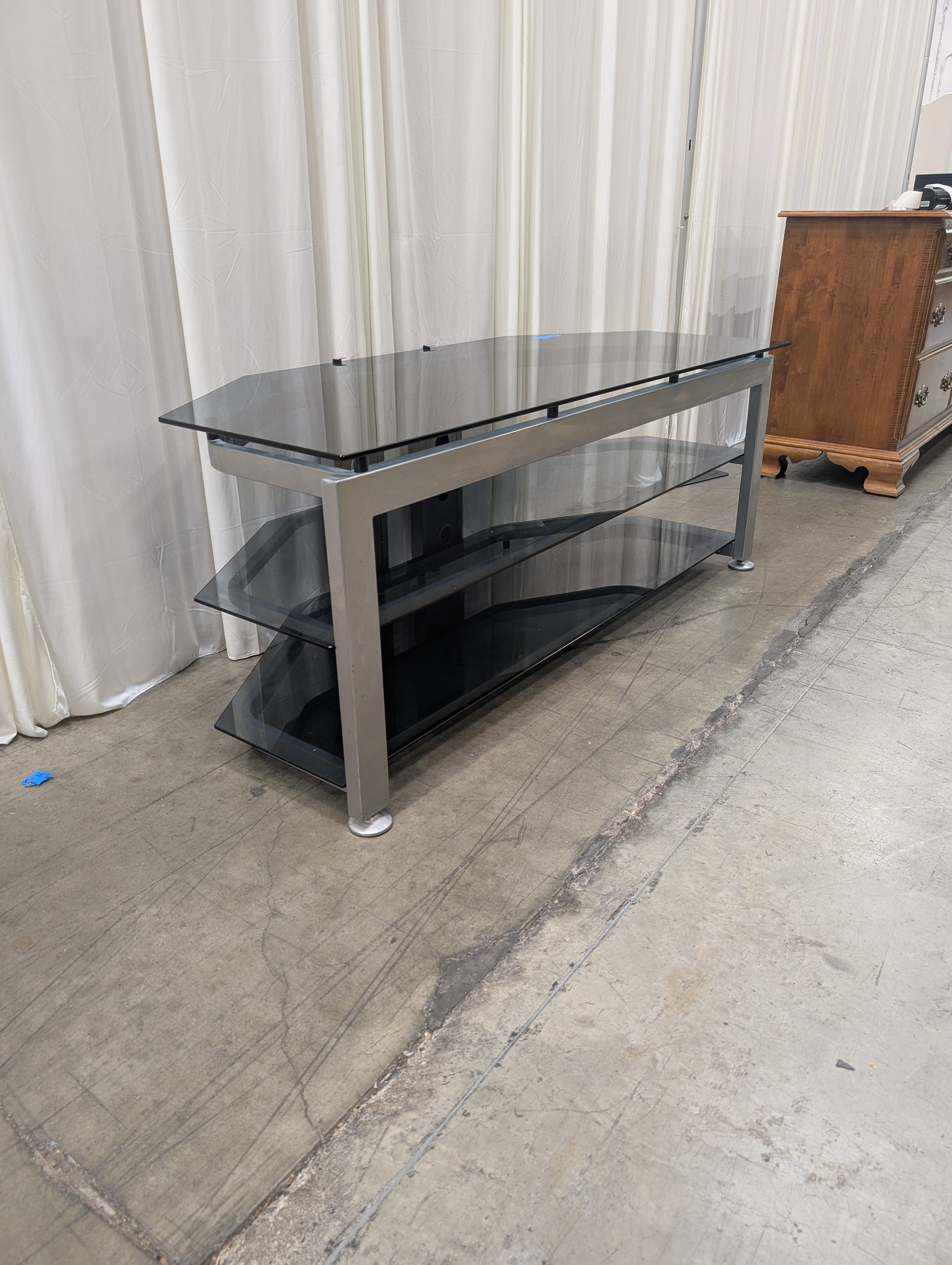 Three-Tier Metal TV Stand with Smoked Glass