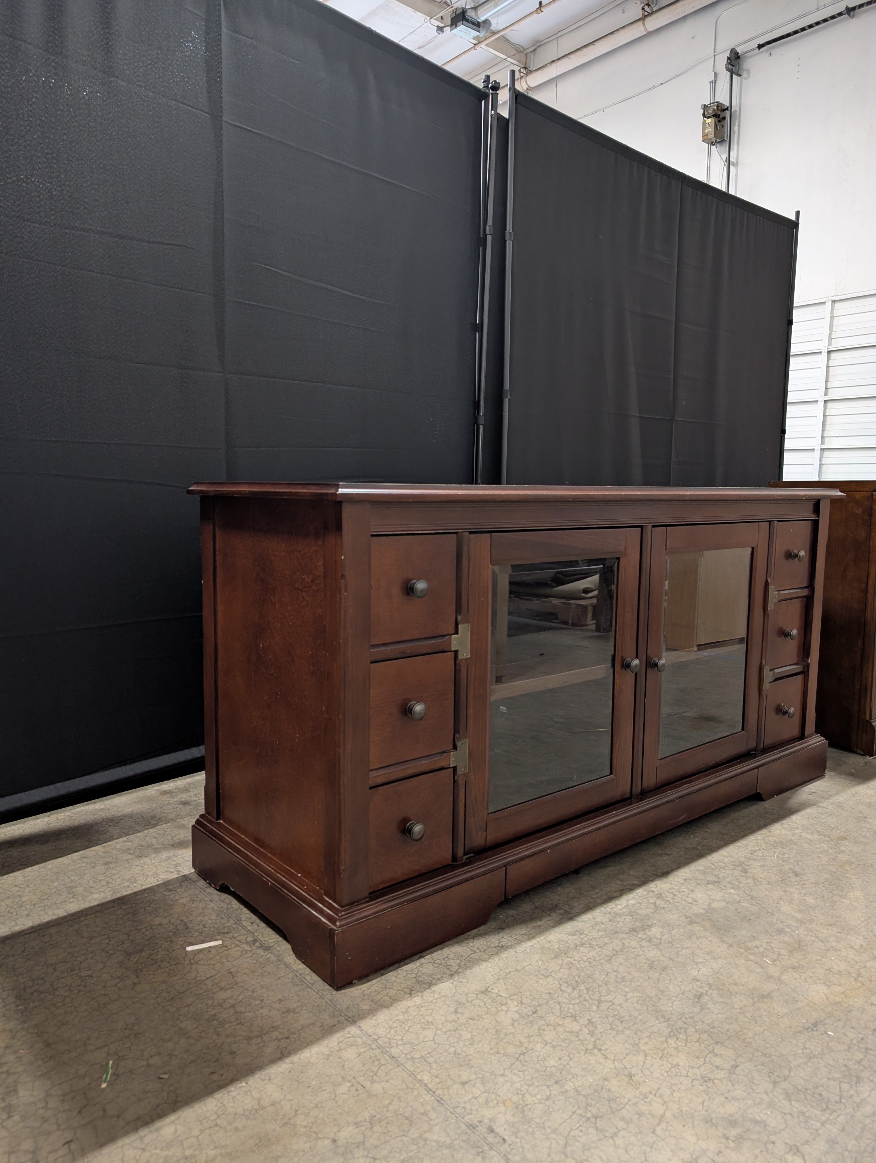 Rich Wood Media Console with Glass Doors and Storage Cabinet