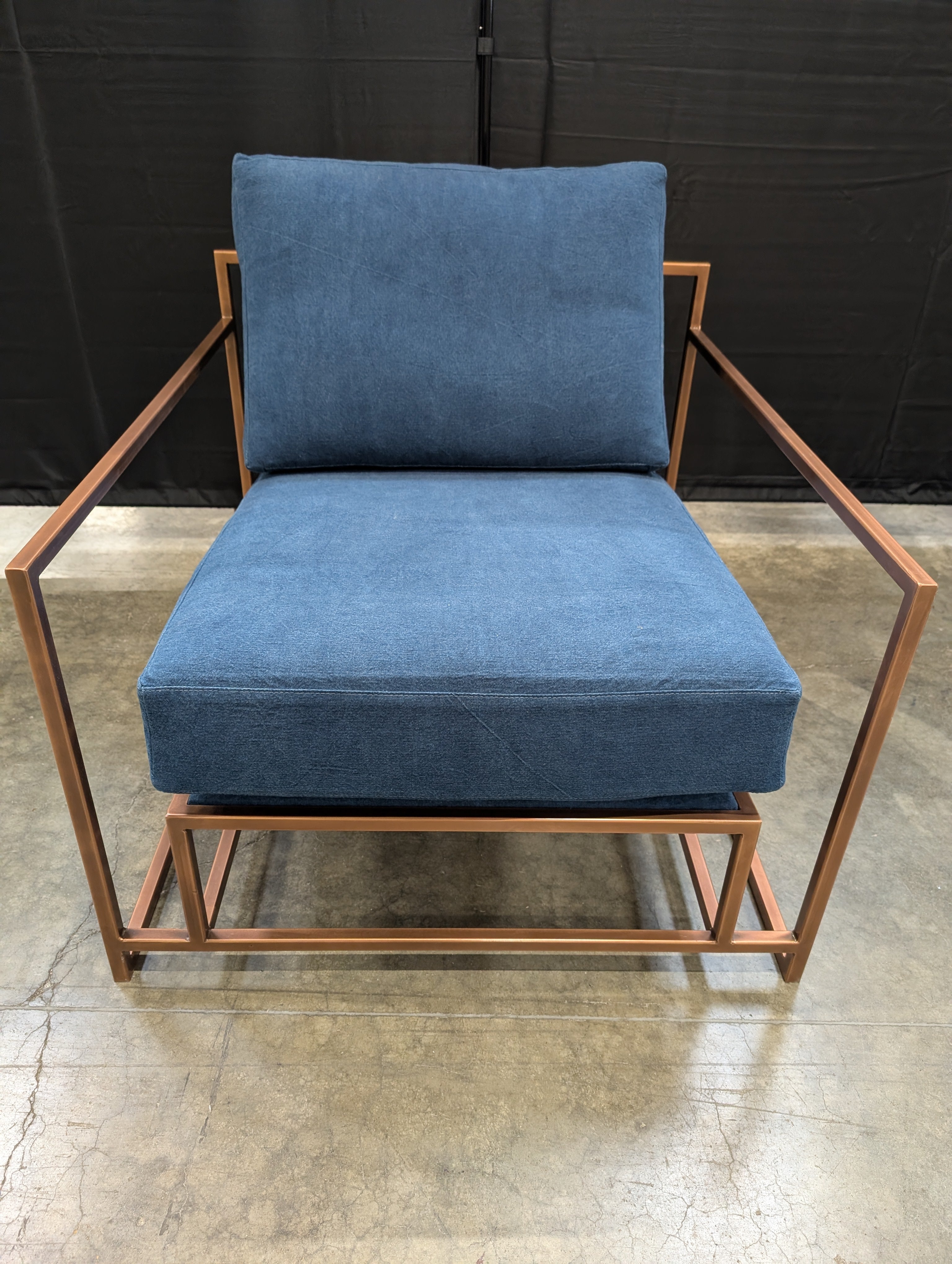 Contemporary Metal Frame Armchair with Deep Blue Cushions