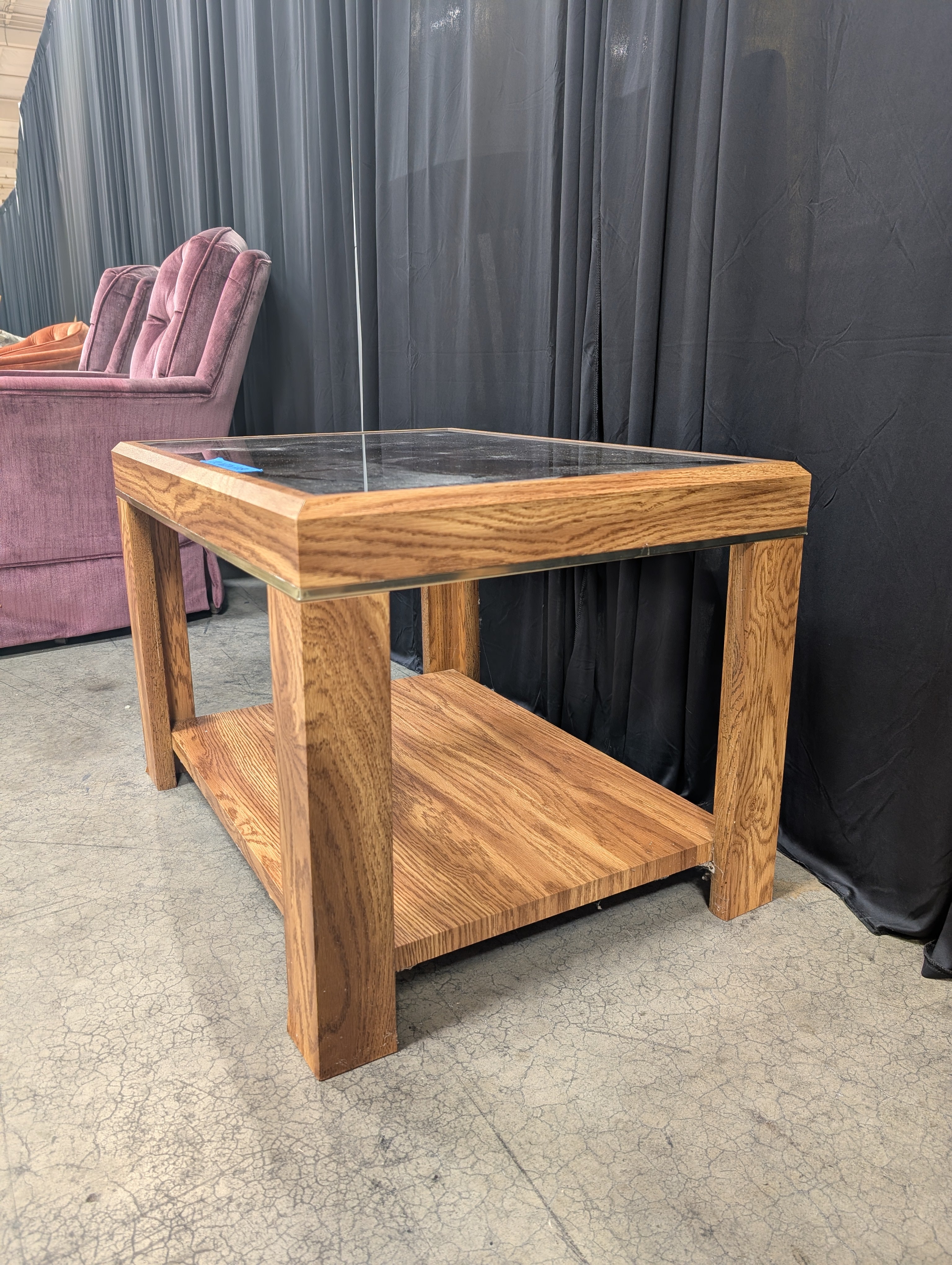 Mid-Century Oak End Table with Glass Top
