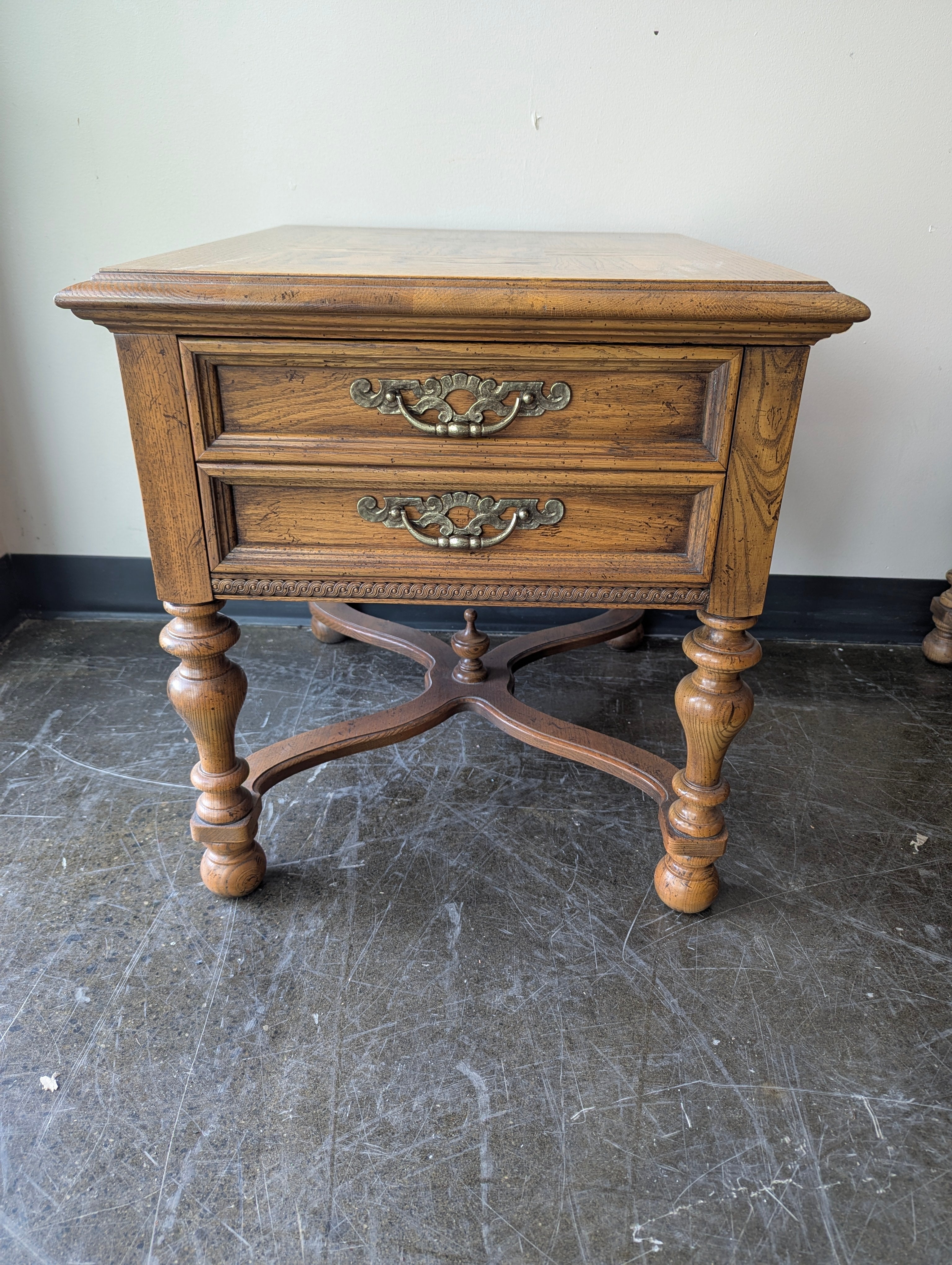 Vintage Carved Wood Two-Drawer Nightstand