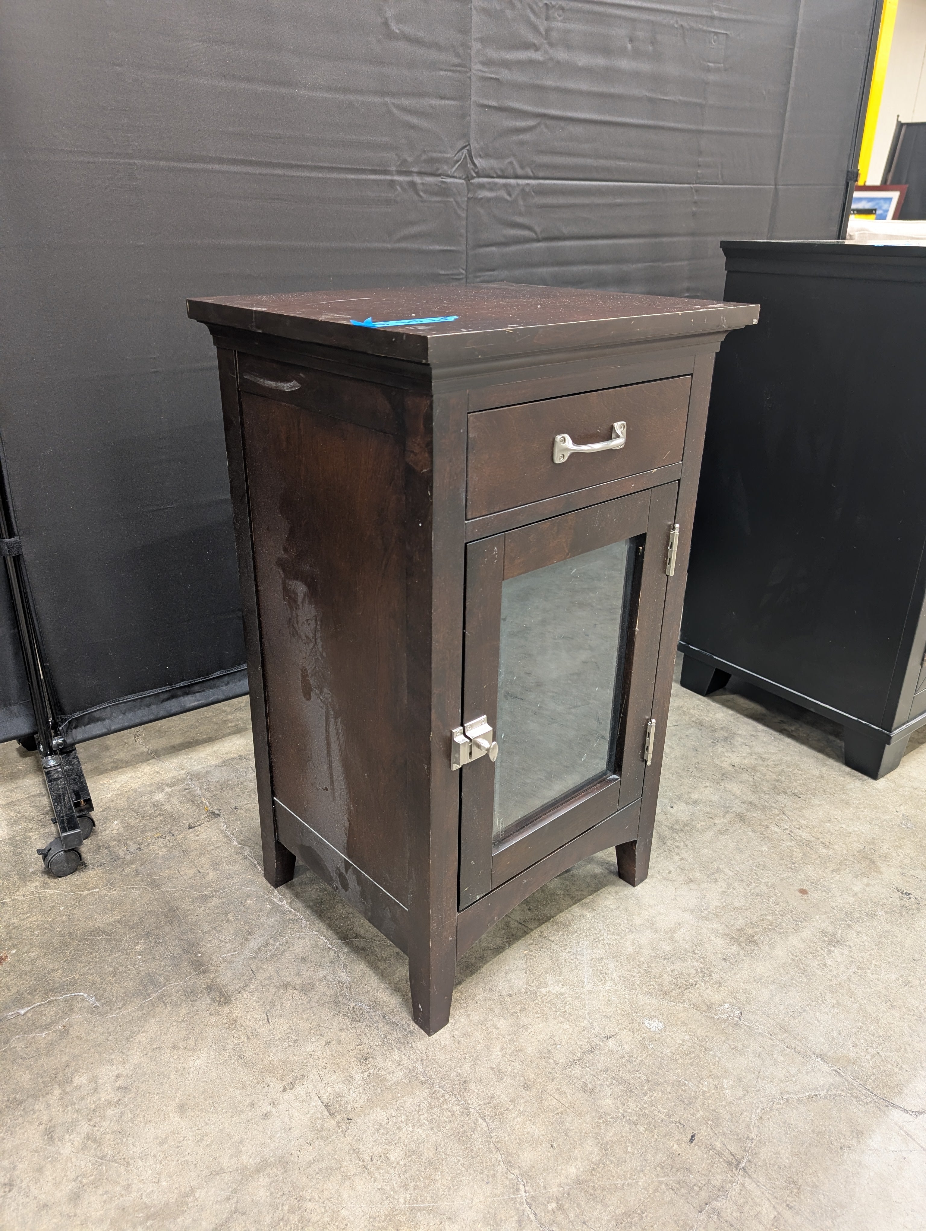 Dark Brown Wood Nightstand with Glass Door