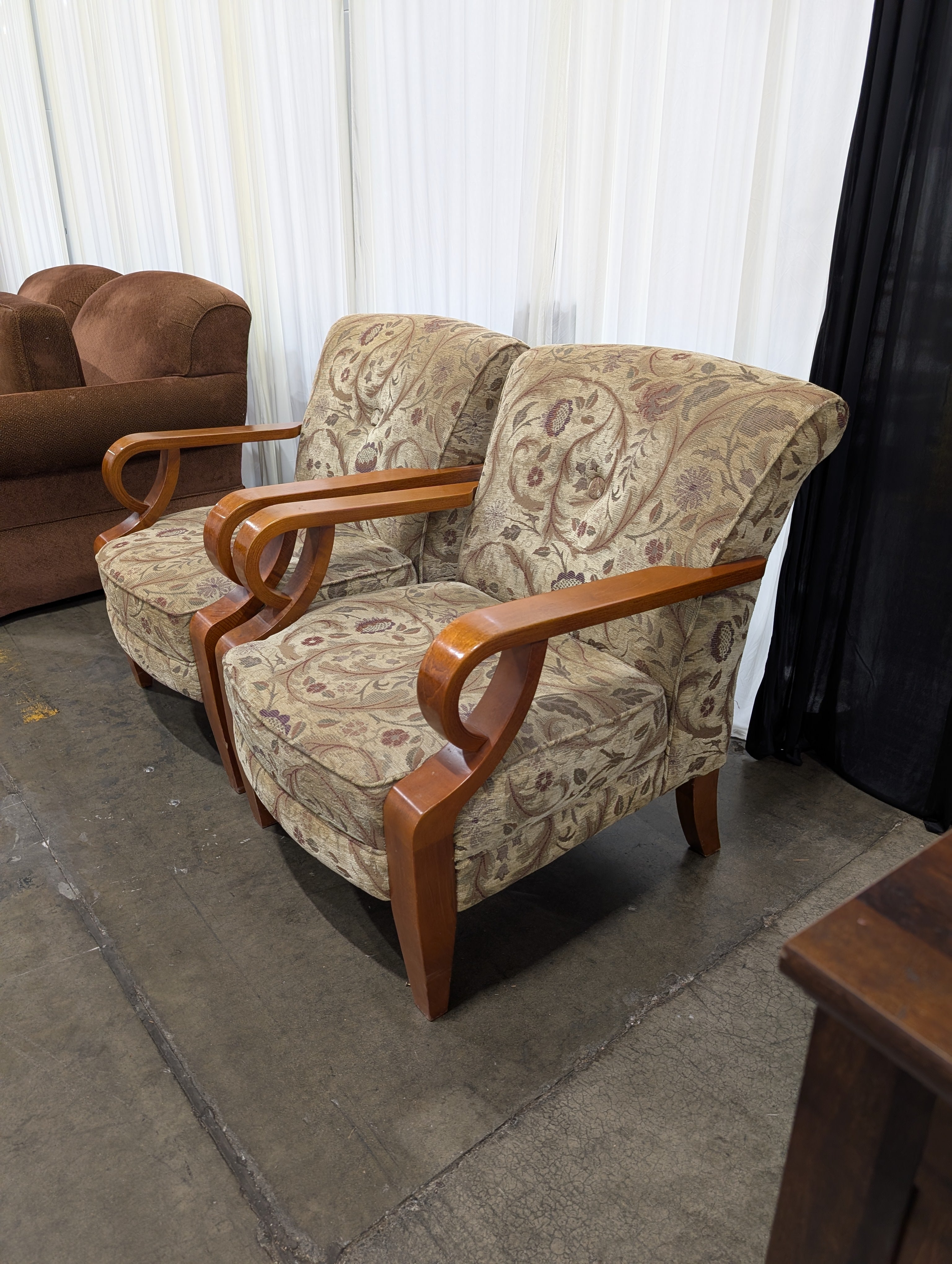 Pair of Vintage Floral Upholstered Armchair with Curved Wood Arms