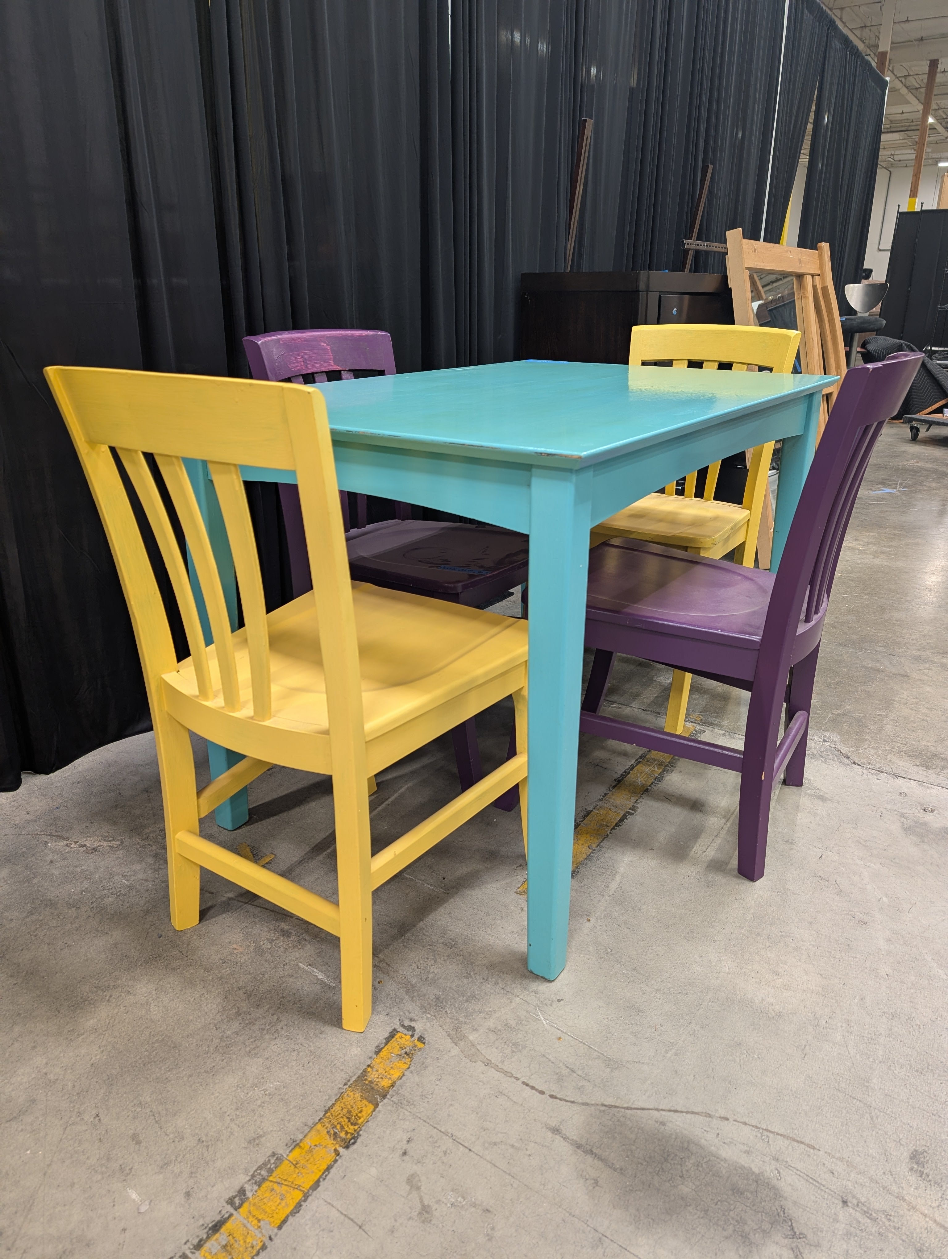 Vibrant Painted Wood Dining Table and Chairs