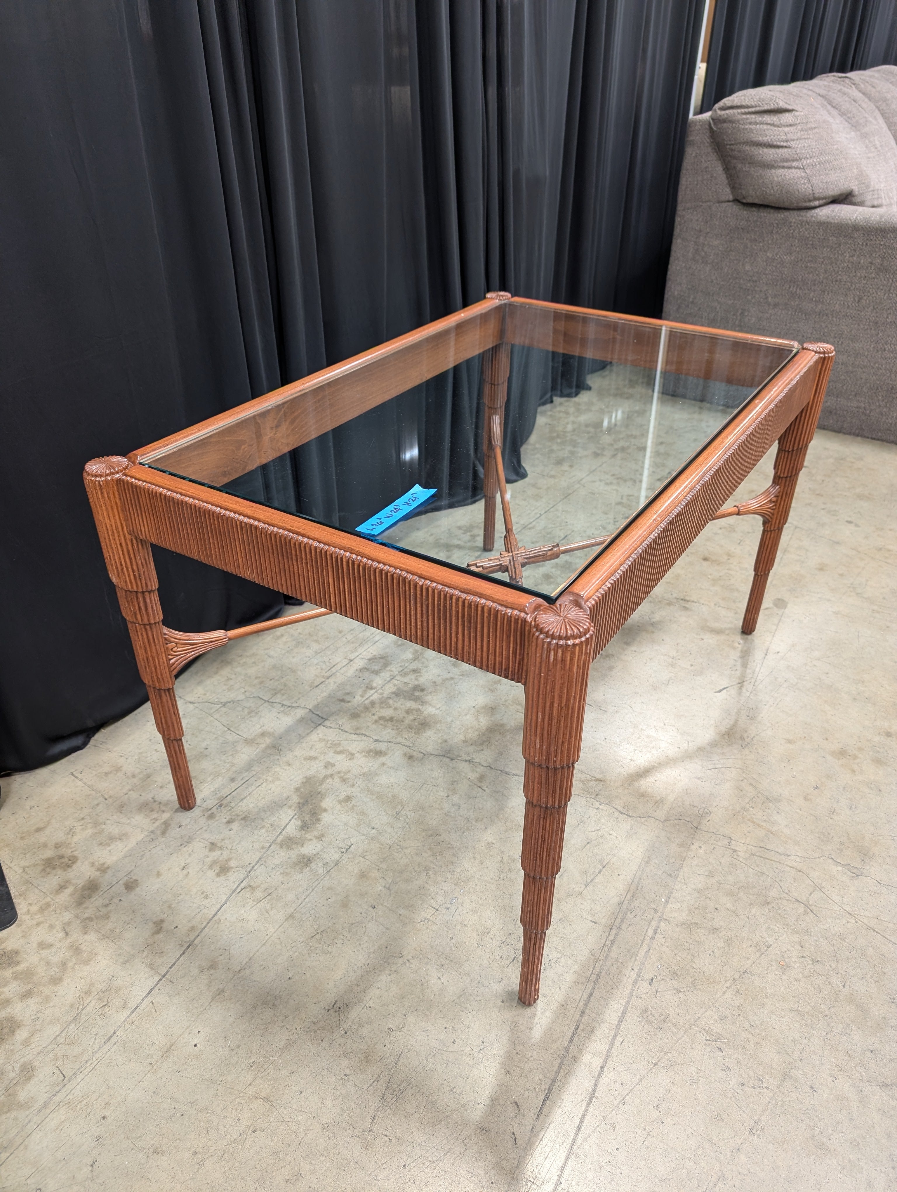 Carved Wood Rectangular Coffee Table with Glass Top