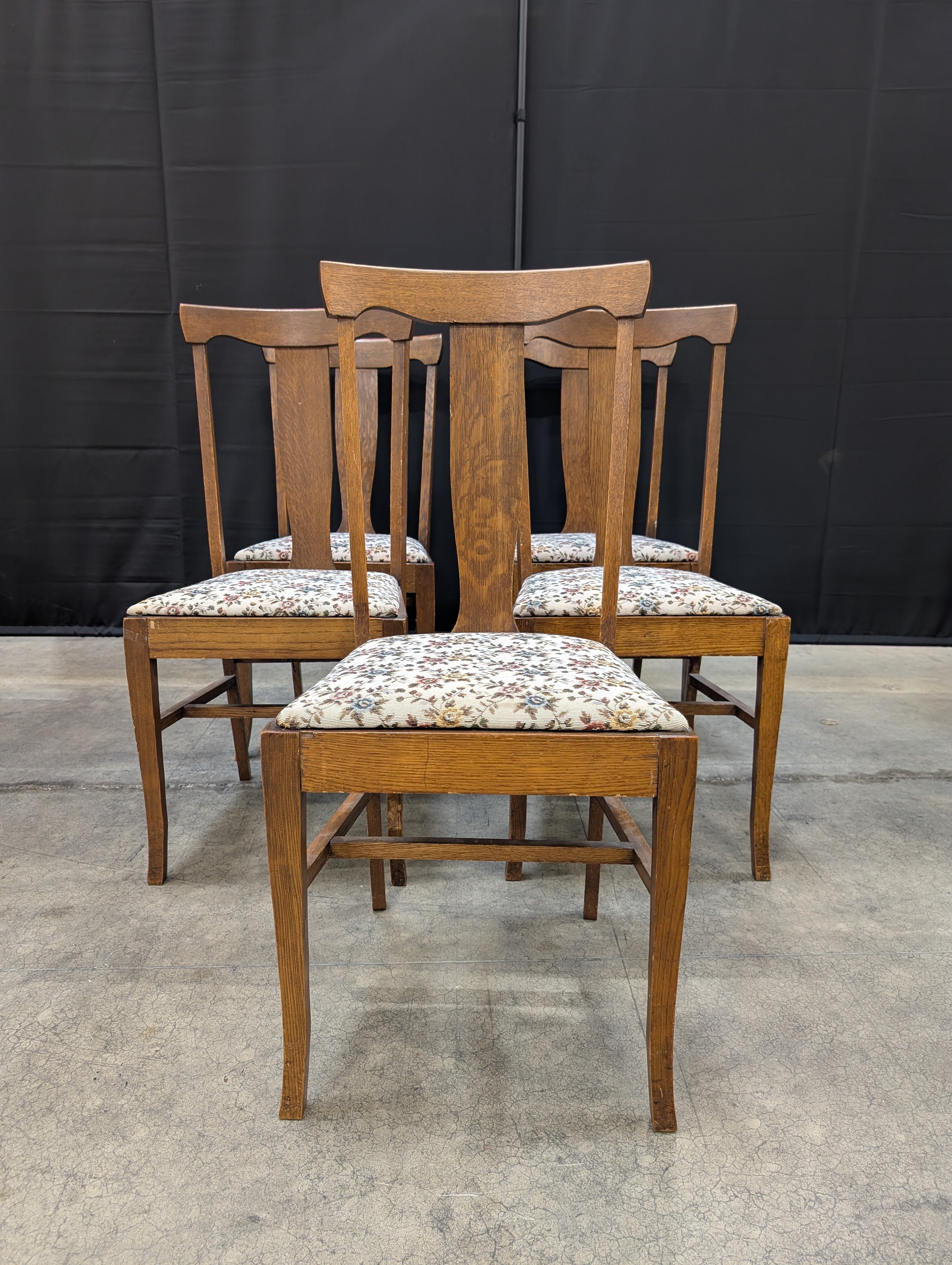 Set of Five Traditional Wooden Dining Chairs with Floral Upholstery