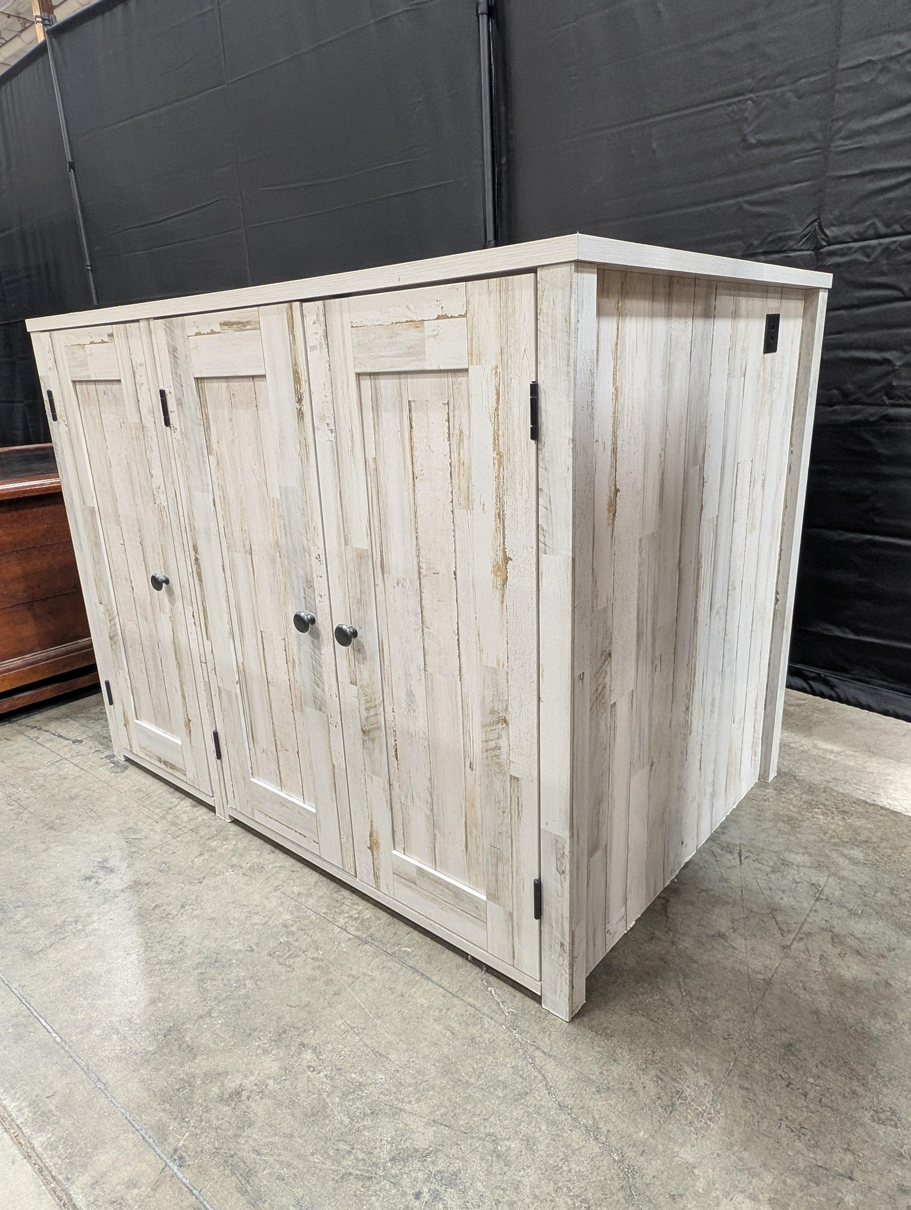 Distressed White Plank Wood Storage Cabinet