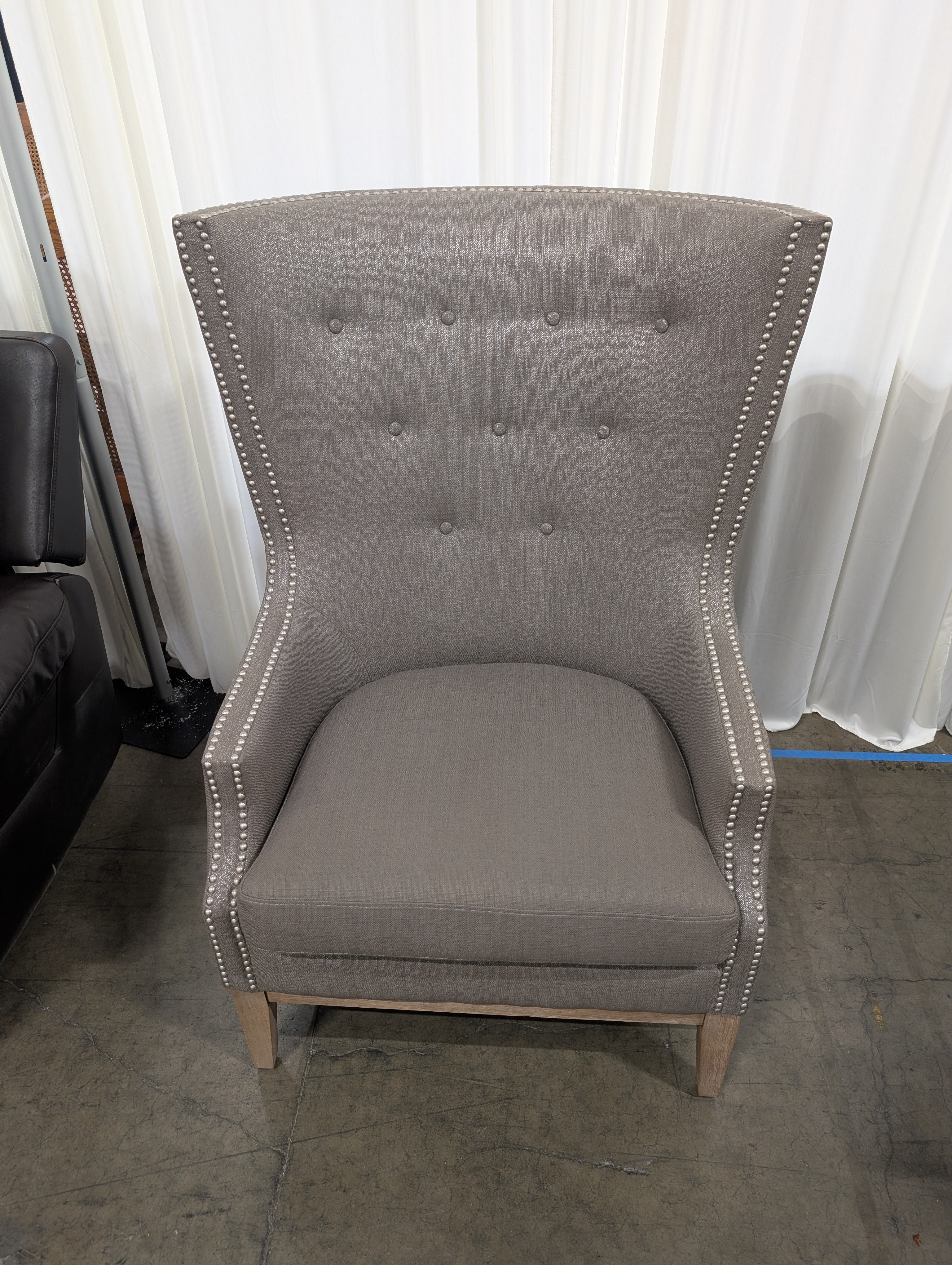 Grey Tufted Wingback Chair with Nailhead Trim
