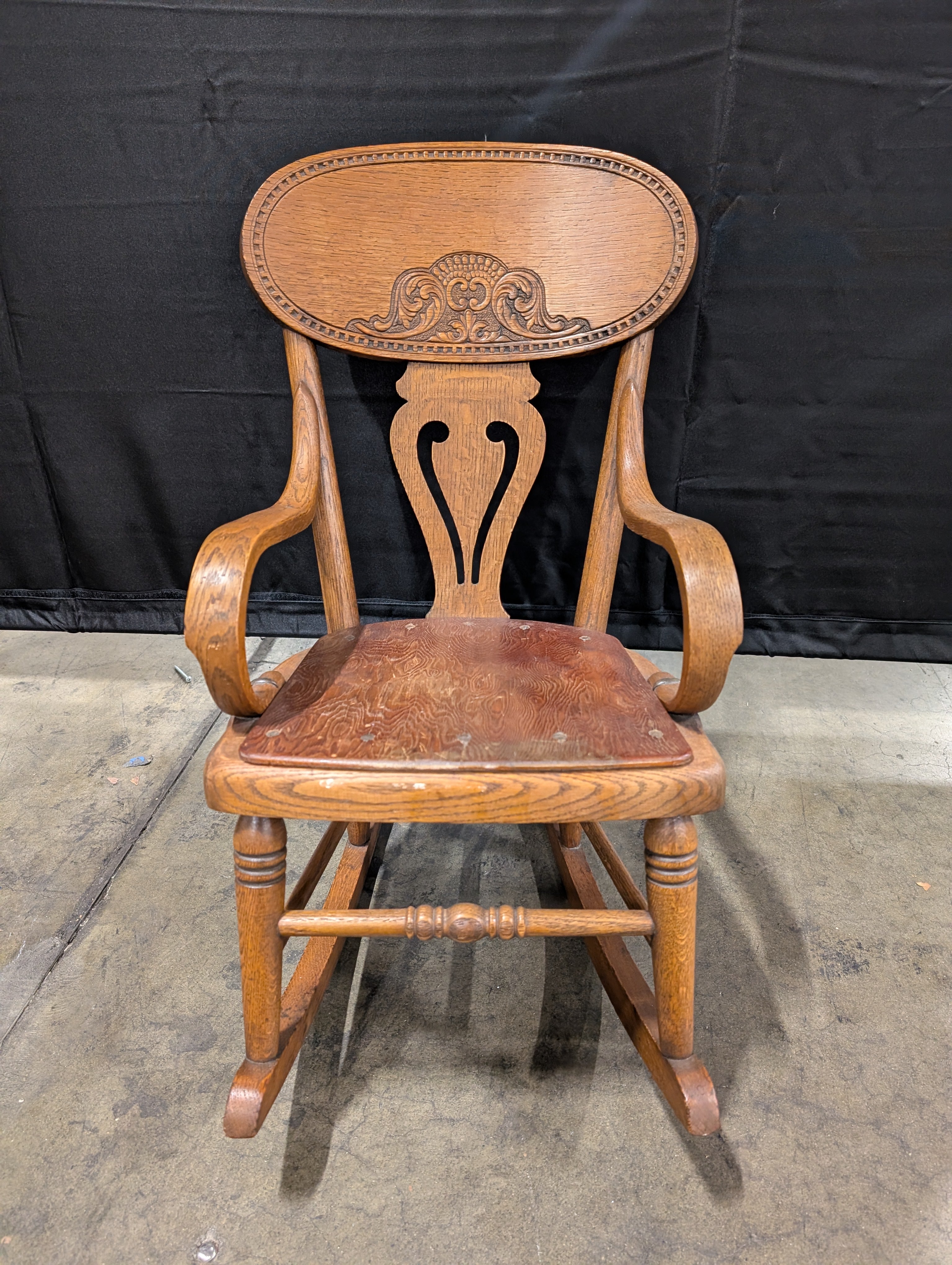 Vintage Carved Wood Rocking Chair with Spindle Legs