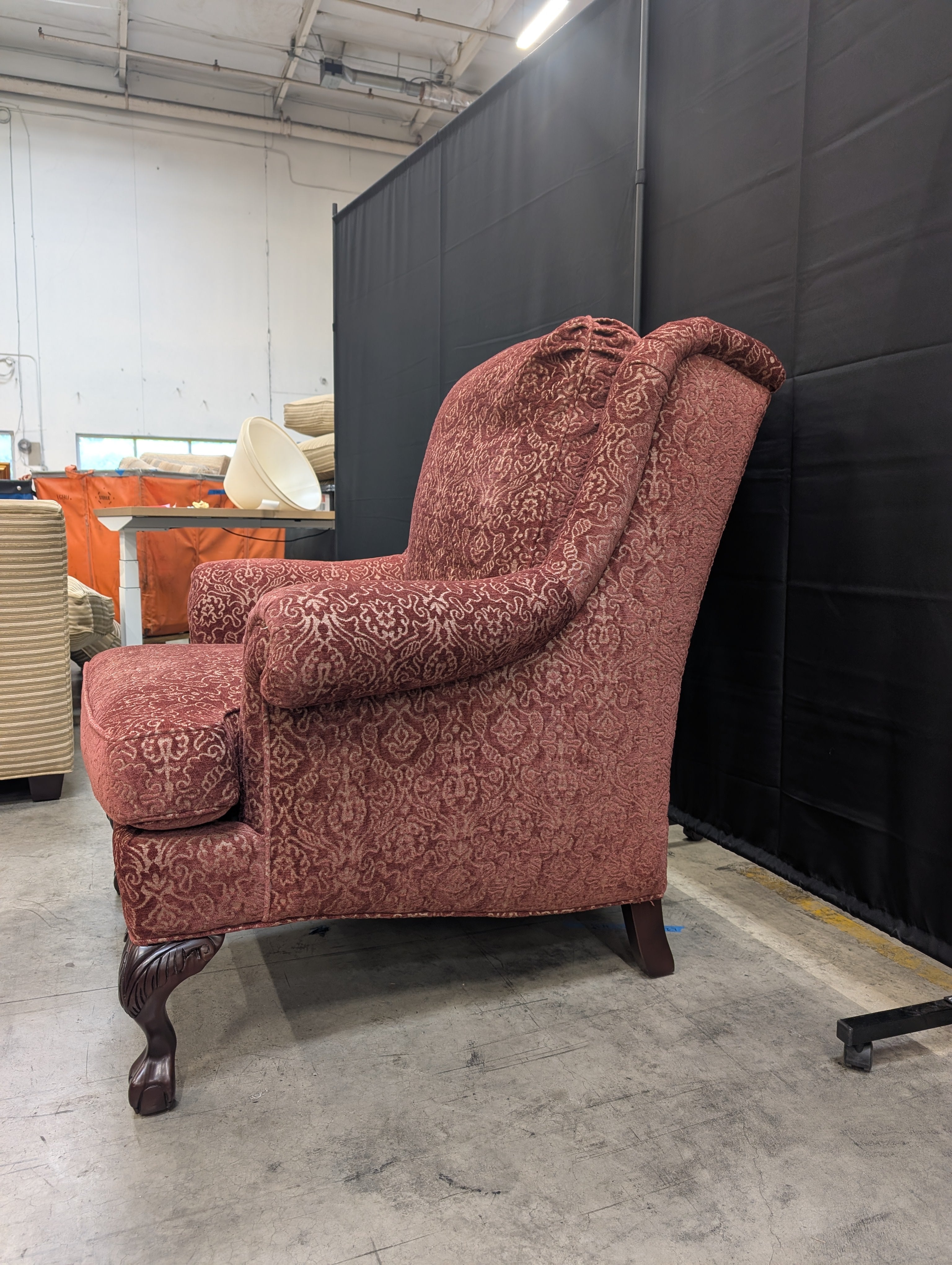 Burgundy Wingback Jessica Charles Armchair with Carved Legs