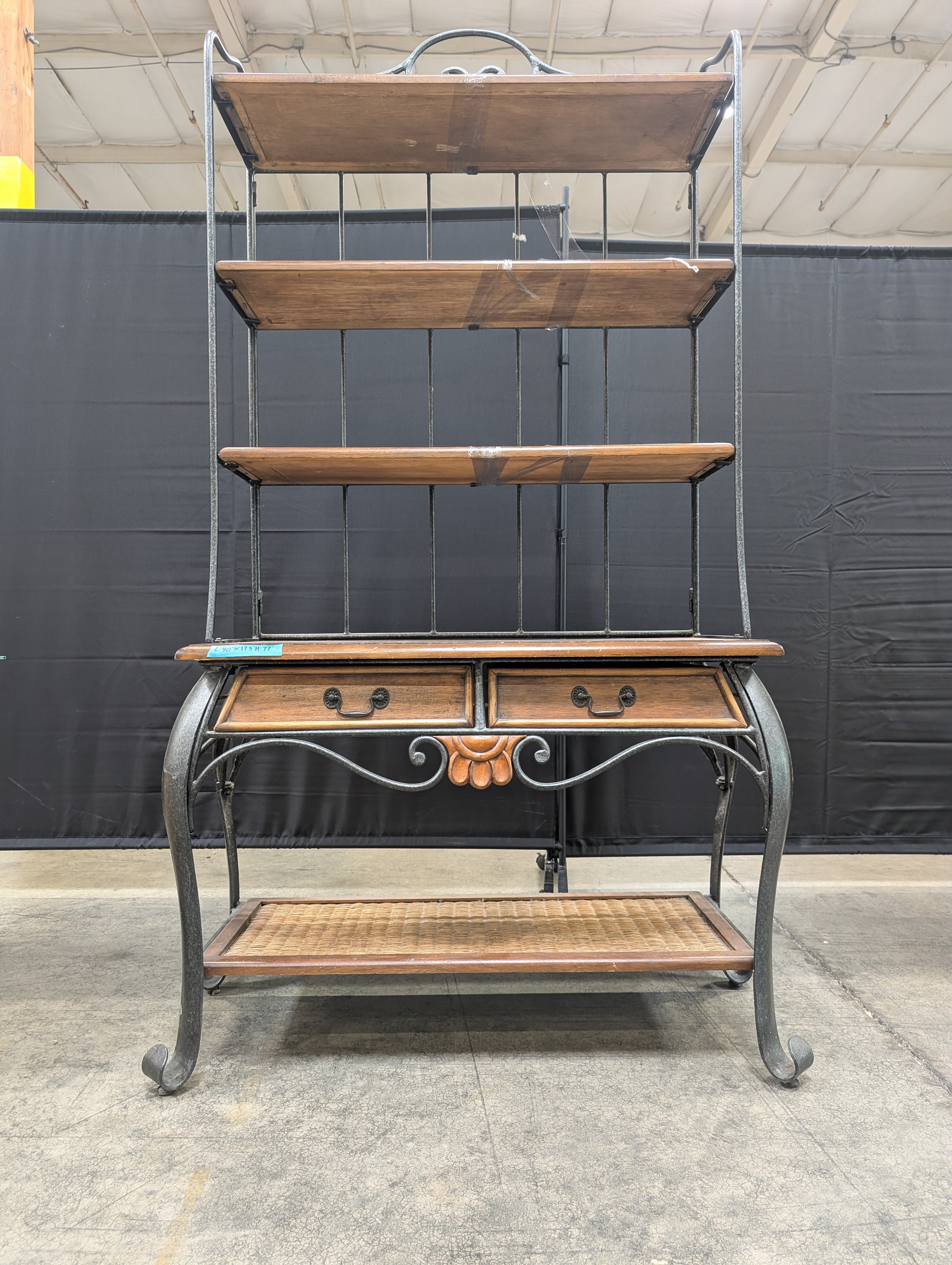 Wrought Iron and Wood Baker's Rack with Drawers