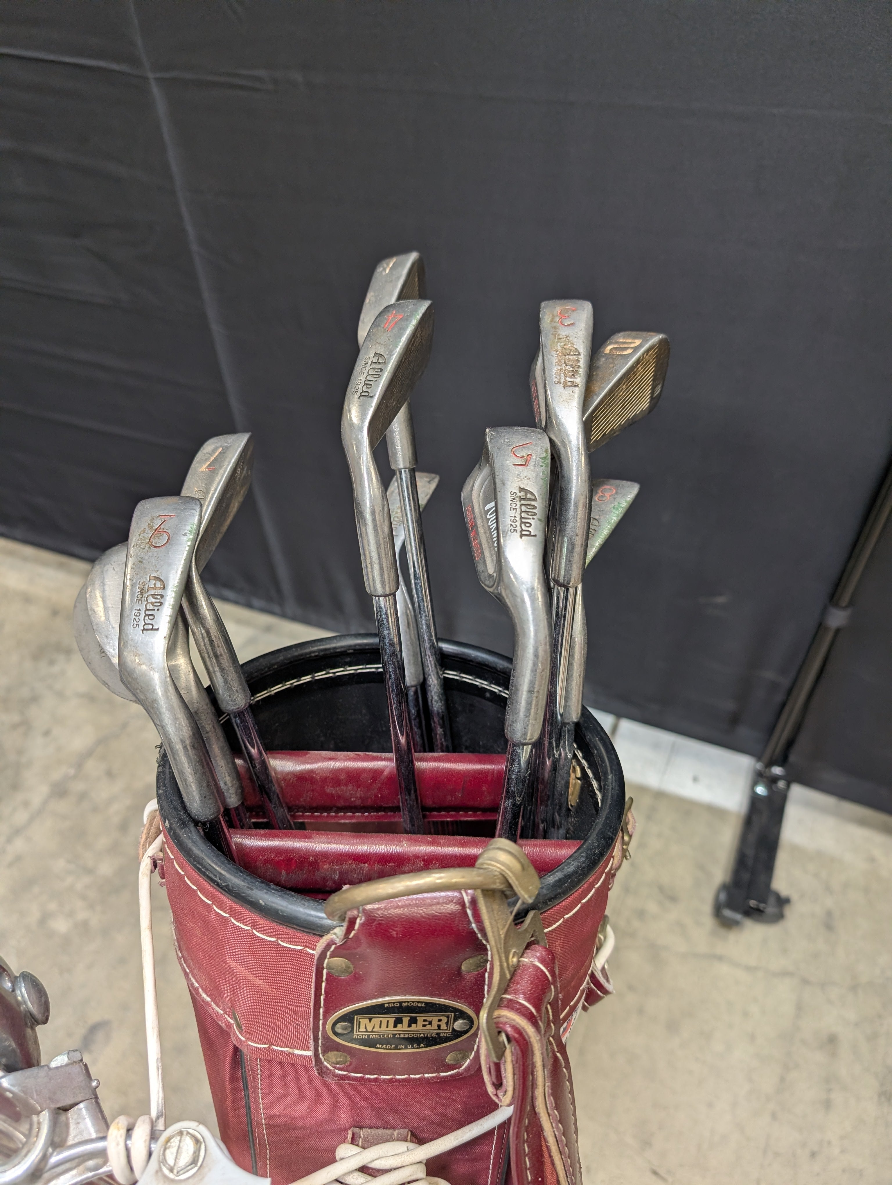 Set of Eleven Golf Clubs with Red Cart Bag and Push Cart