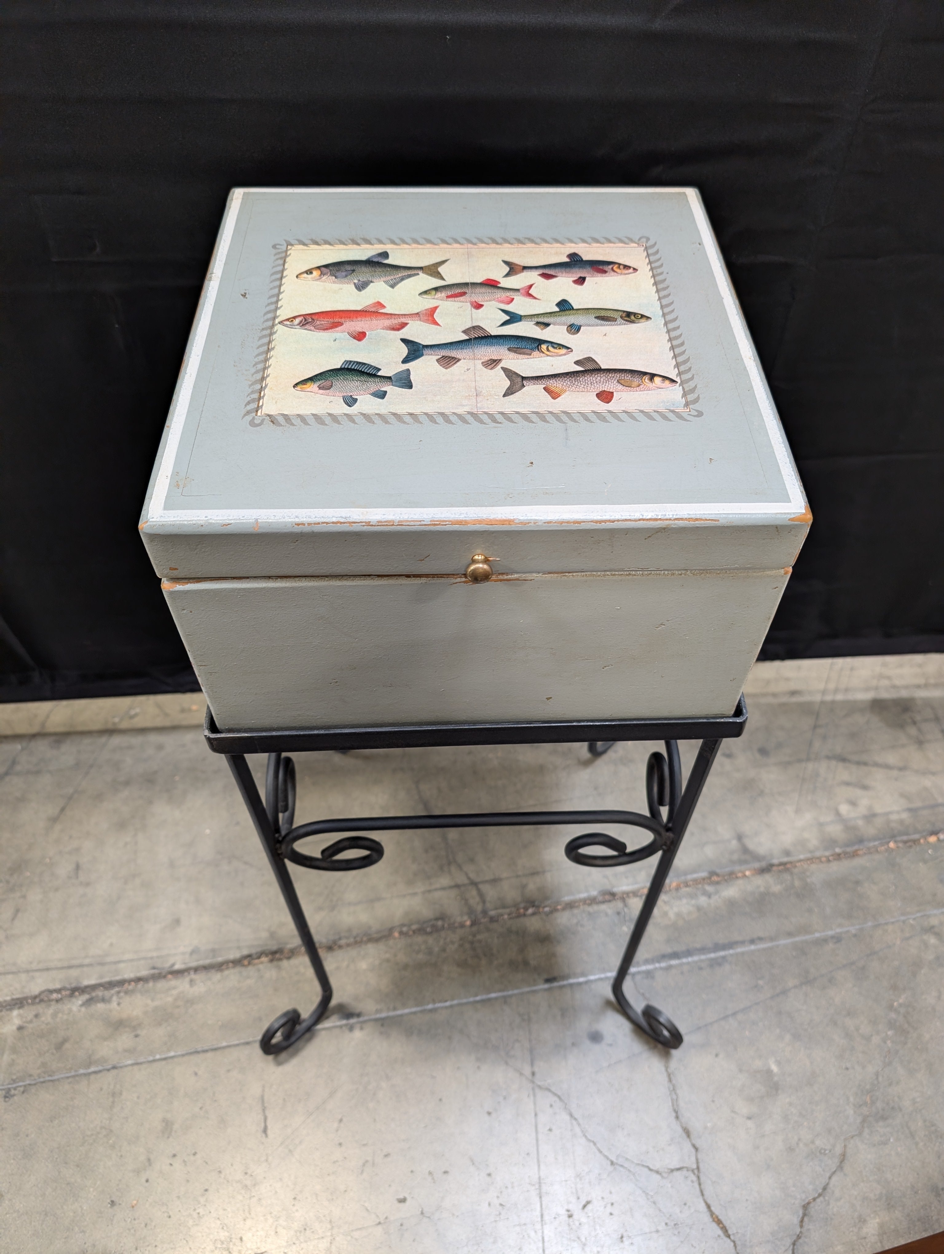 Decorative Wooden Box with Fish Motif on Wrought Iron Stand