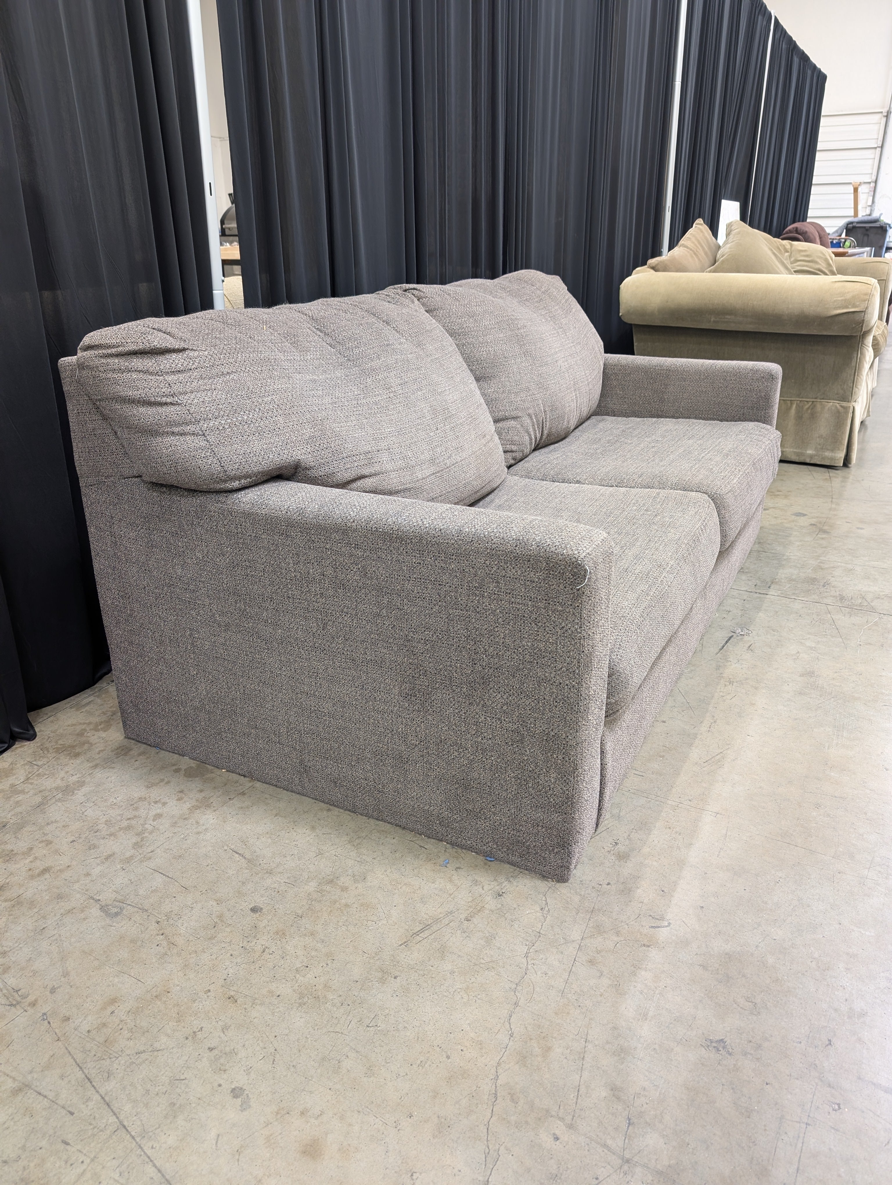 Grey Textured Fabric Two-Seater Couch with Track Arms