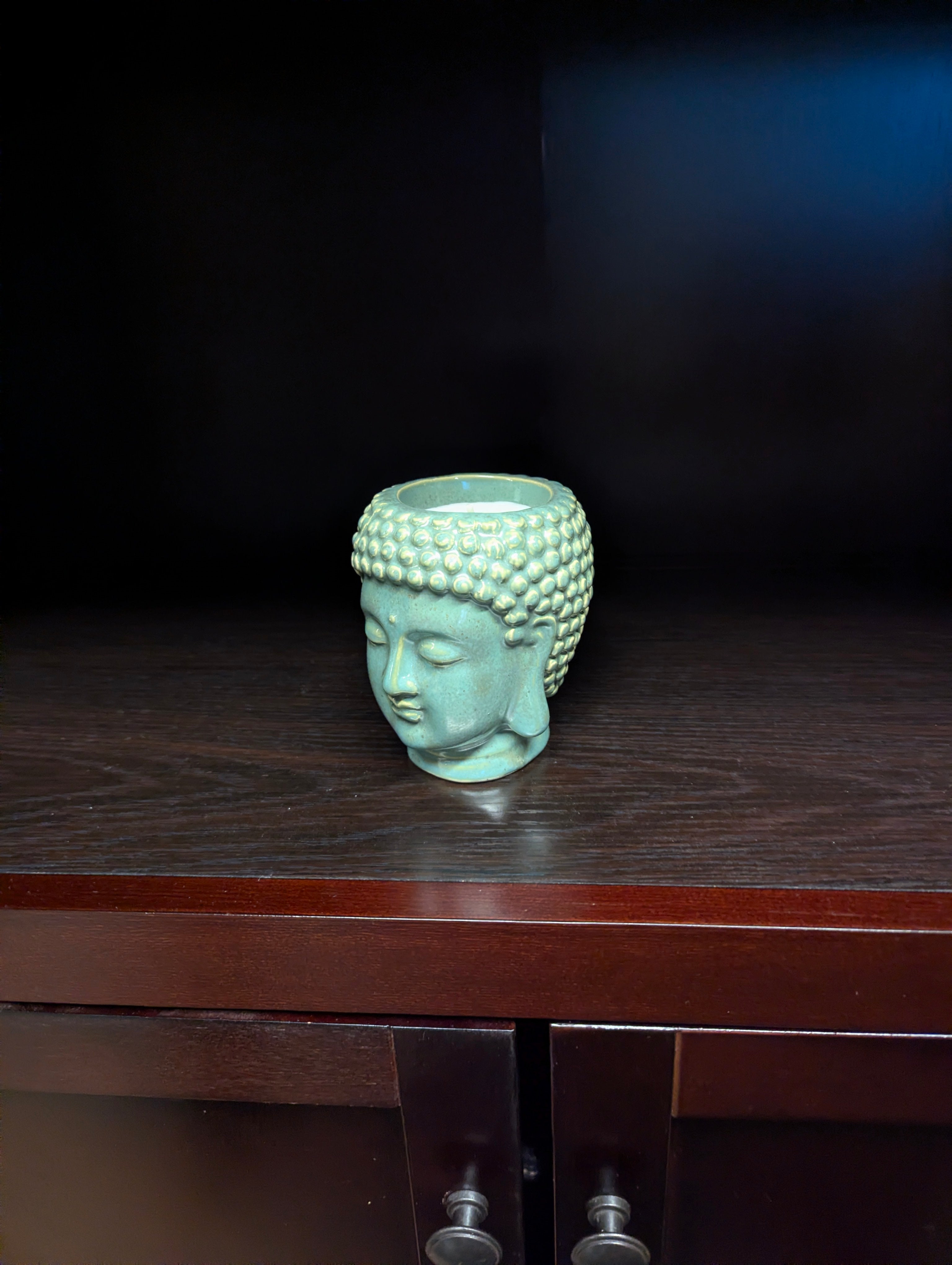 Serene Teal Buddha Head Candle Holders with Faux Succulent Decor Set