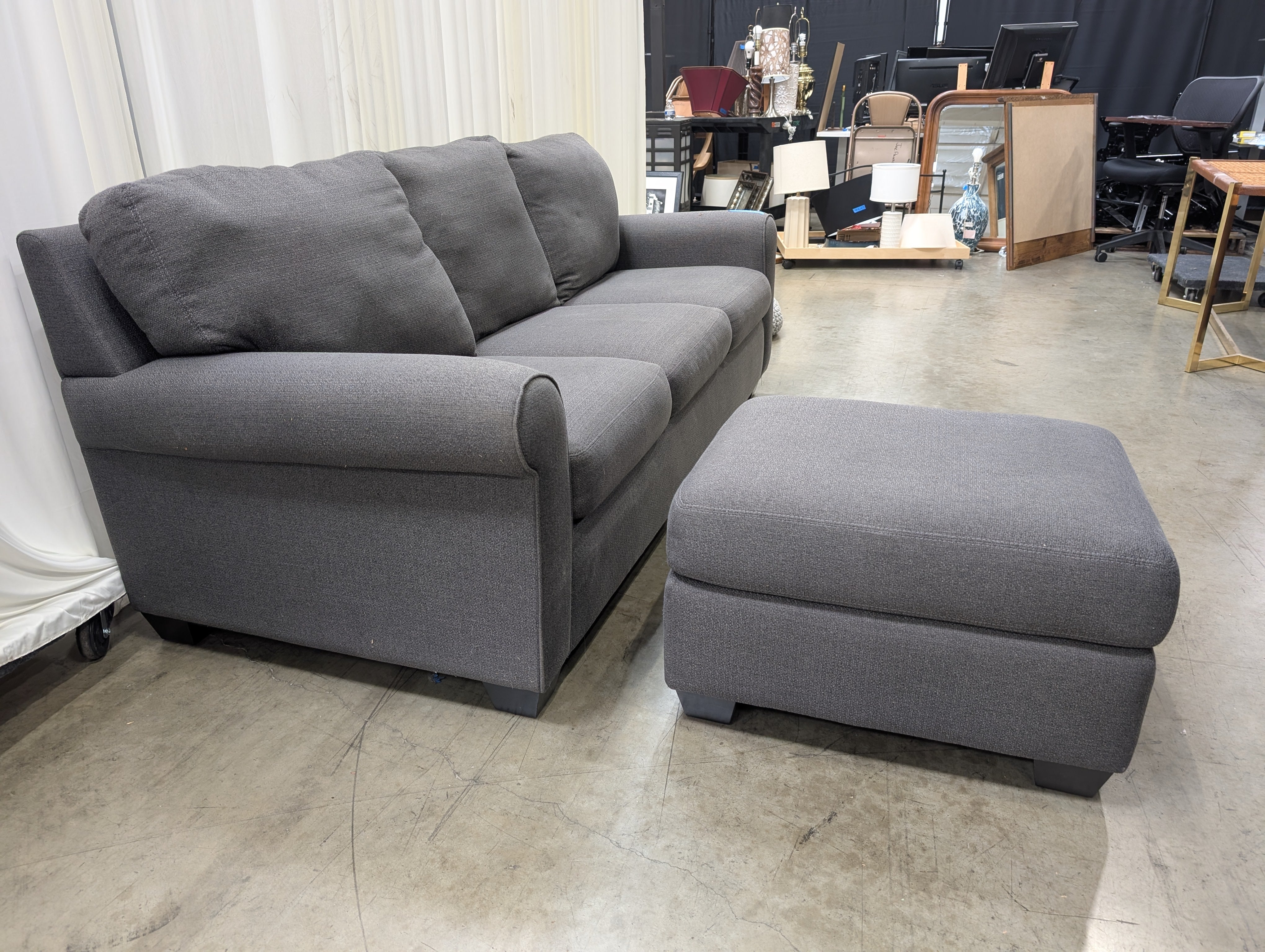 American Leather Charcoal Grey Rolled Arm Sofa & Ottoman Set - Made in USA