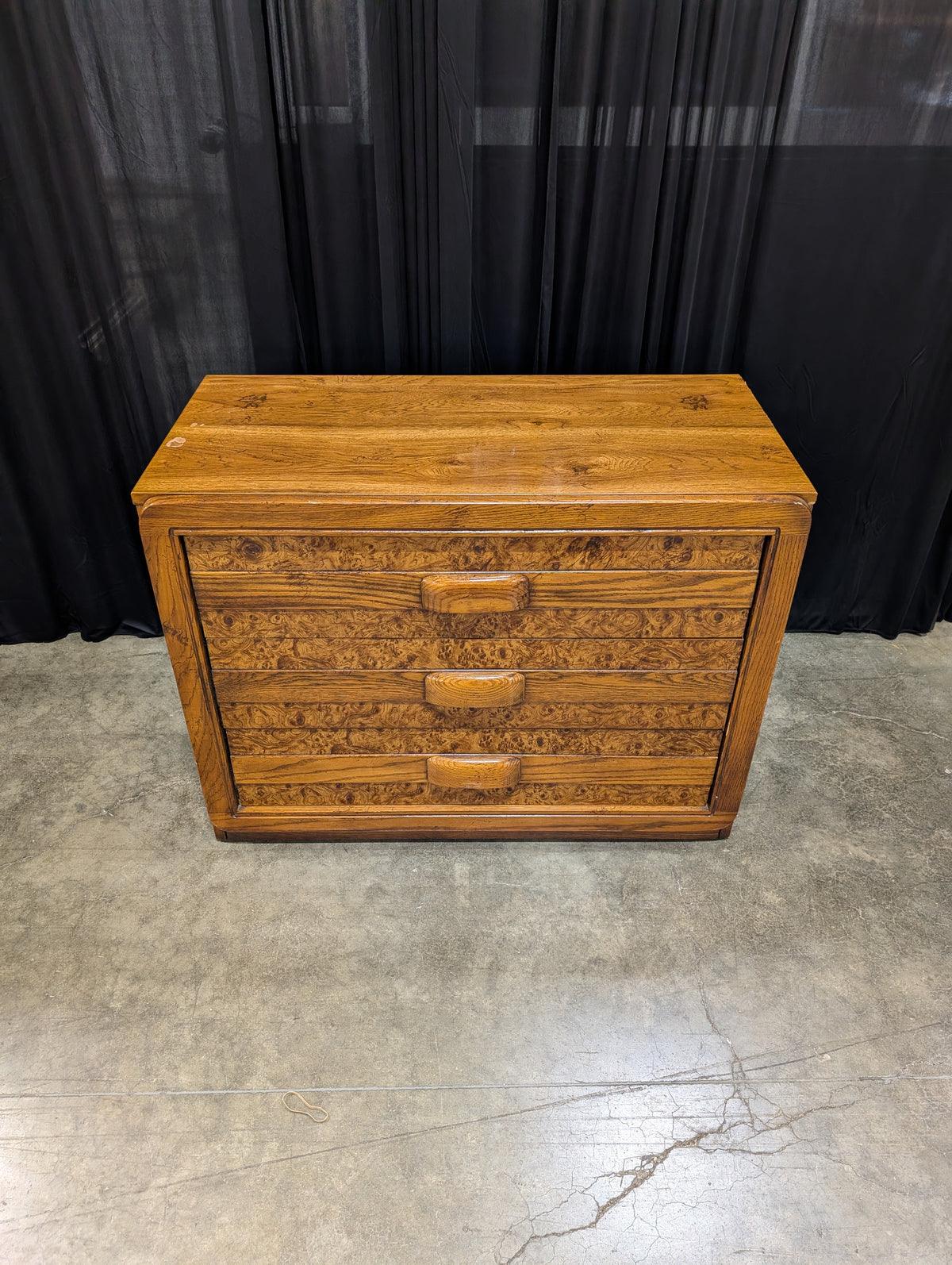 Warm Brown Hardwood Three-Drawer Dresser with Burl Grain Fronts