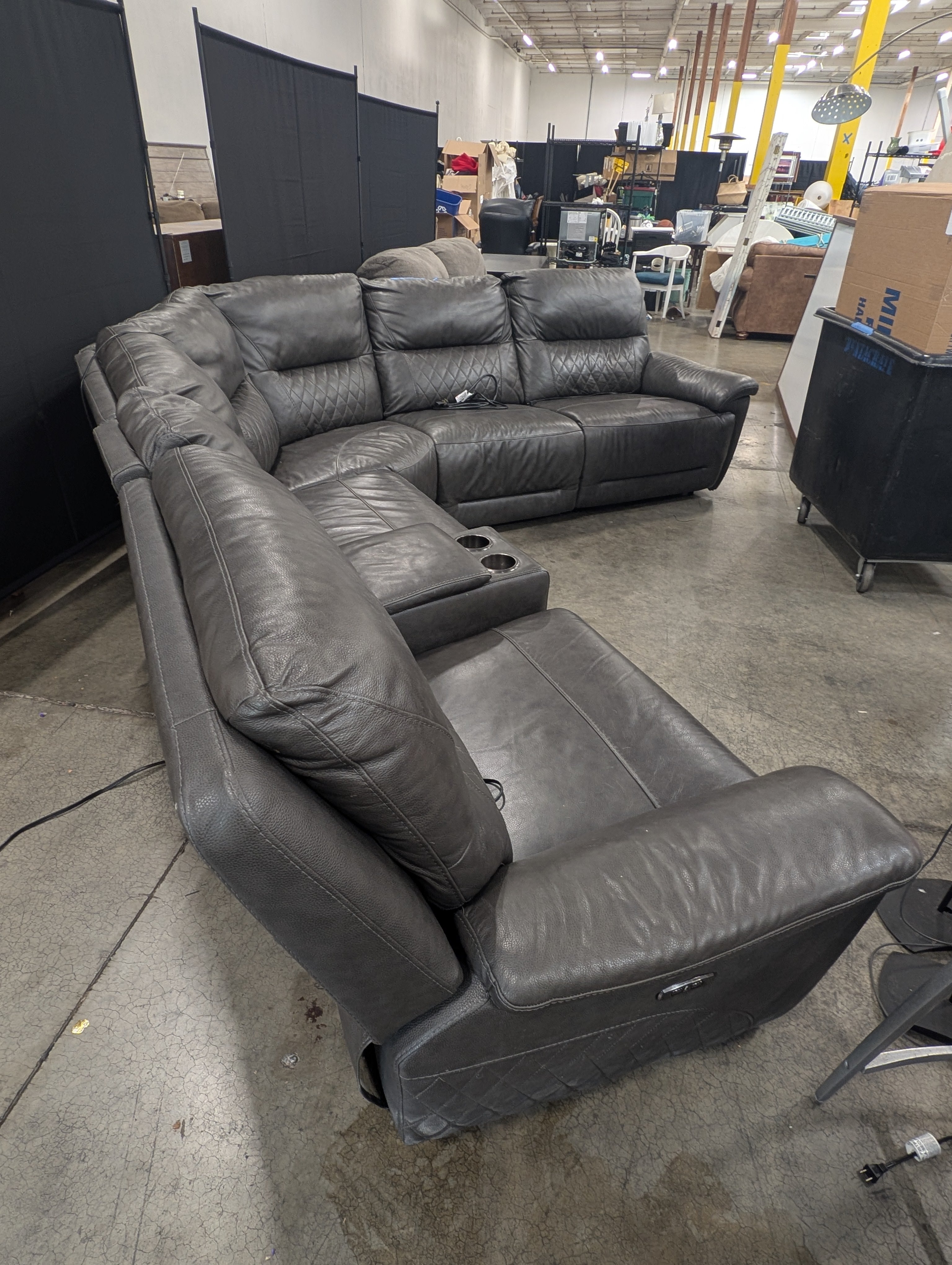 Dark Grey Leather Power Reclining Six Piece Sectional Sofa