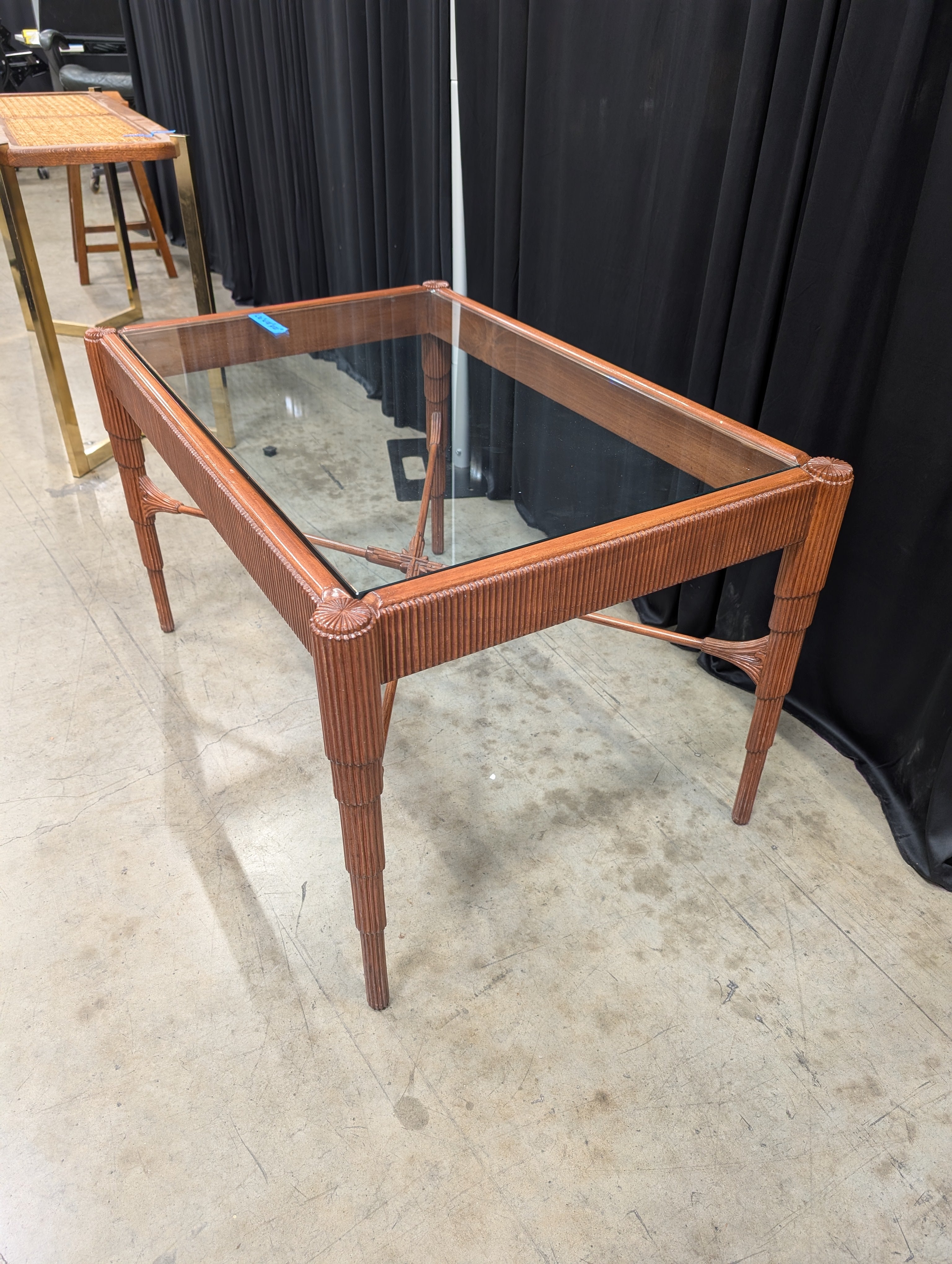 Carved Wood Rectangular Coffee Table with Glass Top