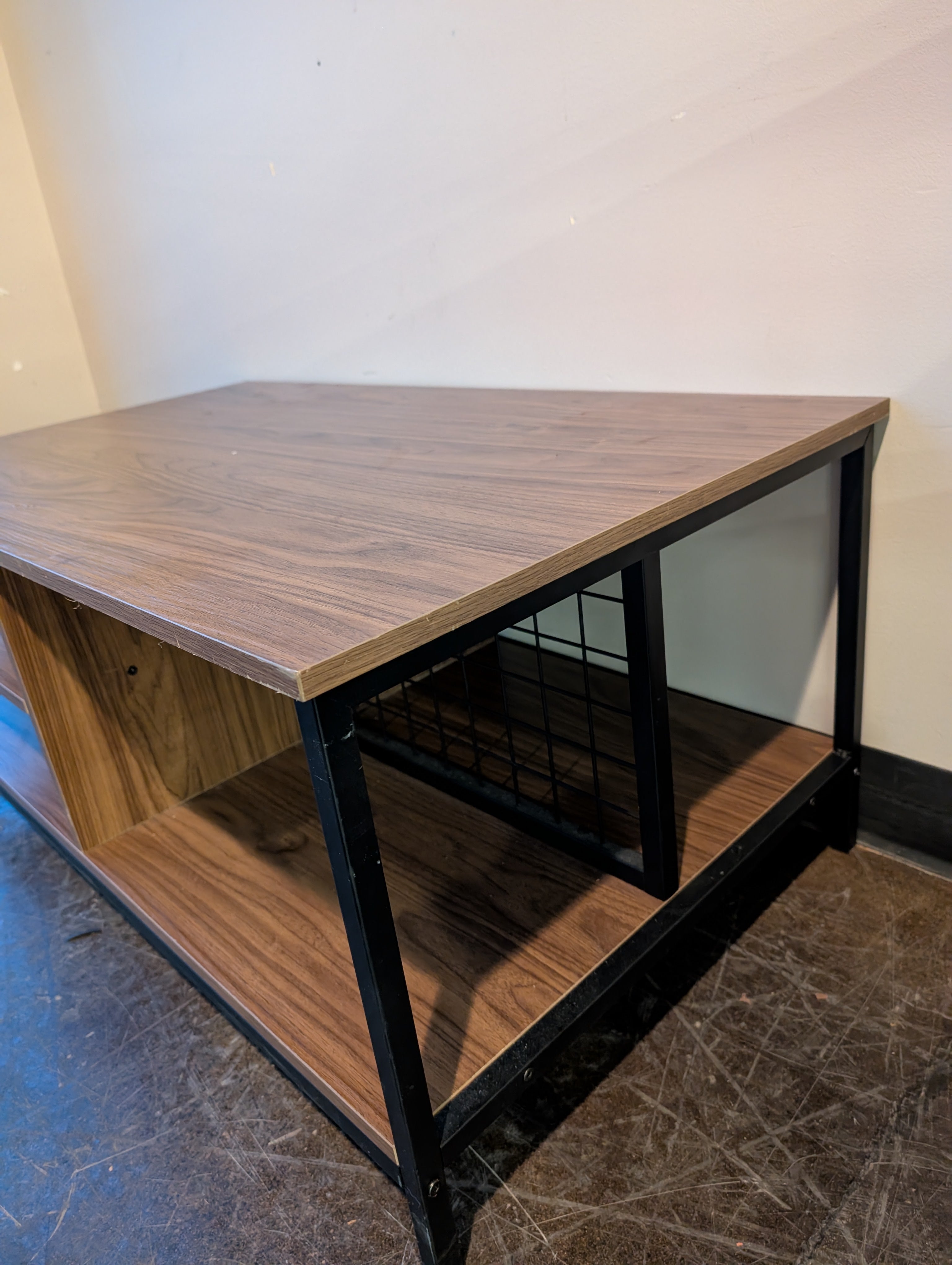 Modern Industrial Wood Grain Coffee Table with Storage Shelves
