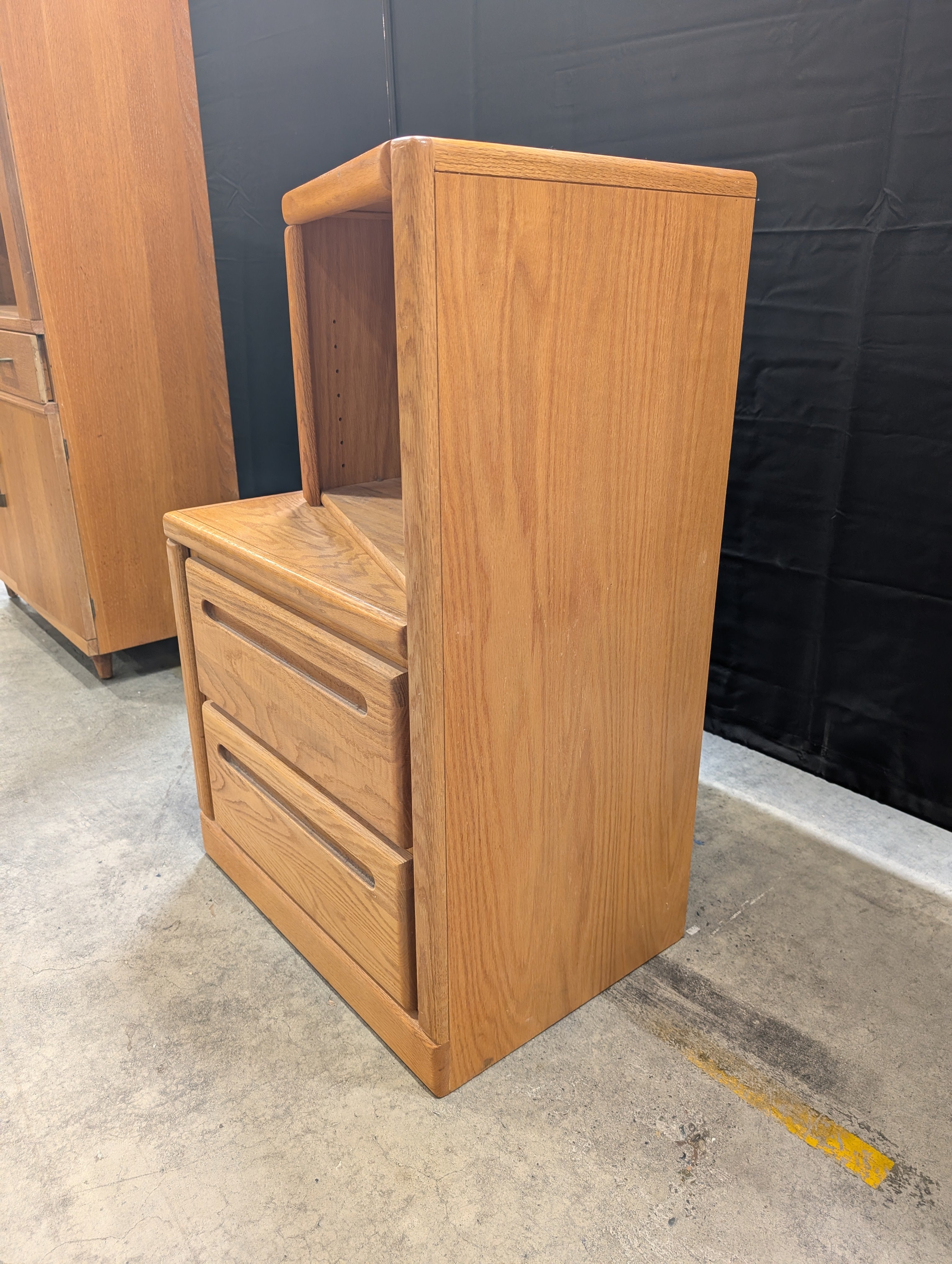 Honey Oak Two-Drawer Nightstand with Shelf