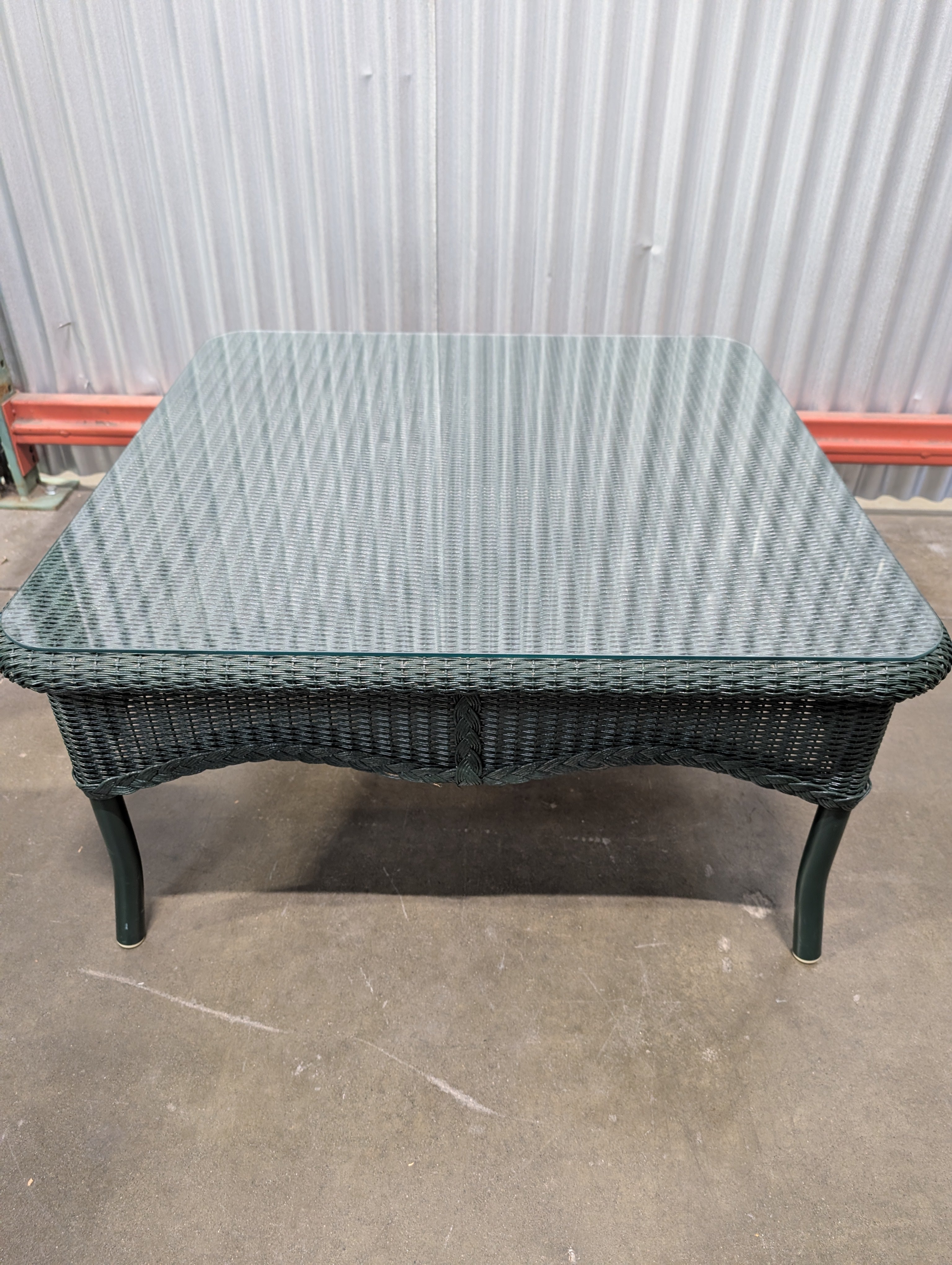 Large Green Resin Wicker Woven Outdoor Table with Glass Top