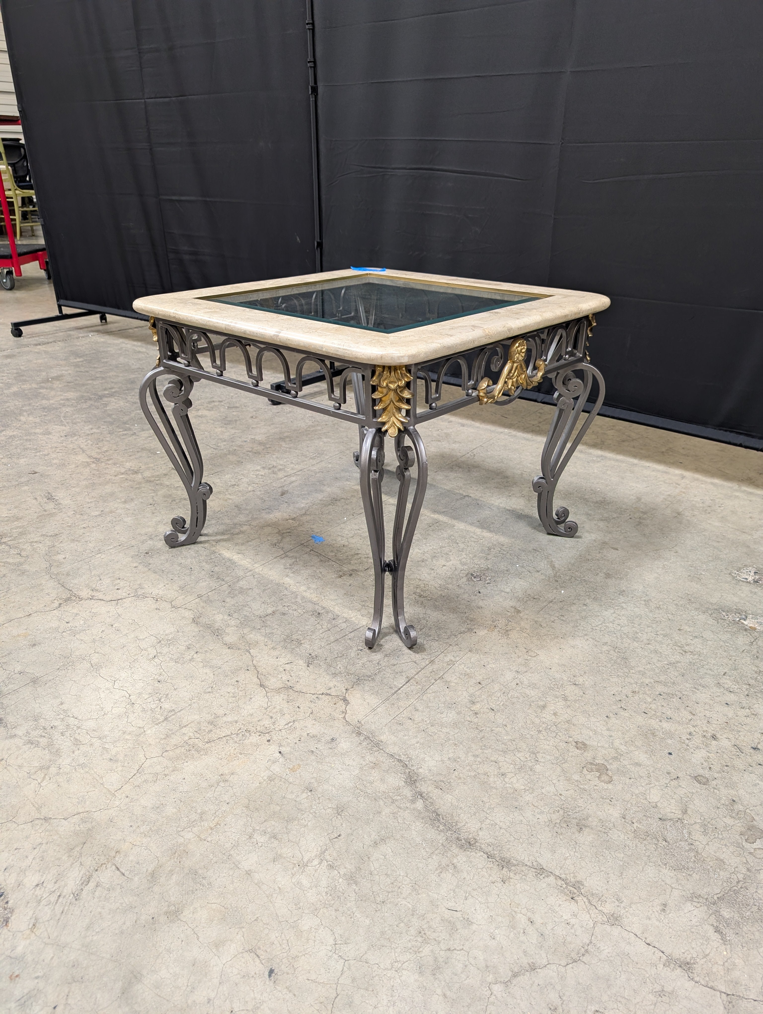 Stone Top Glass Insert Side Table with Scrollwork Metal Base