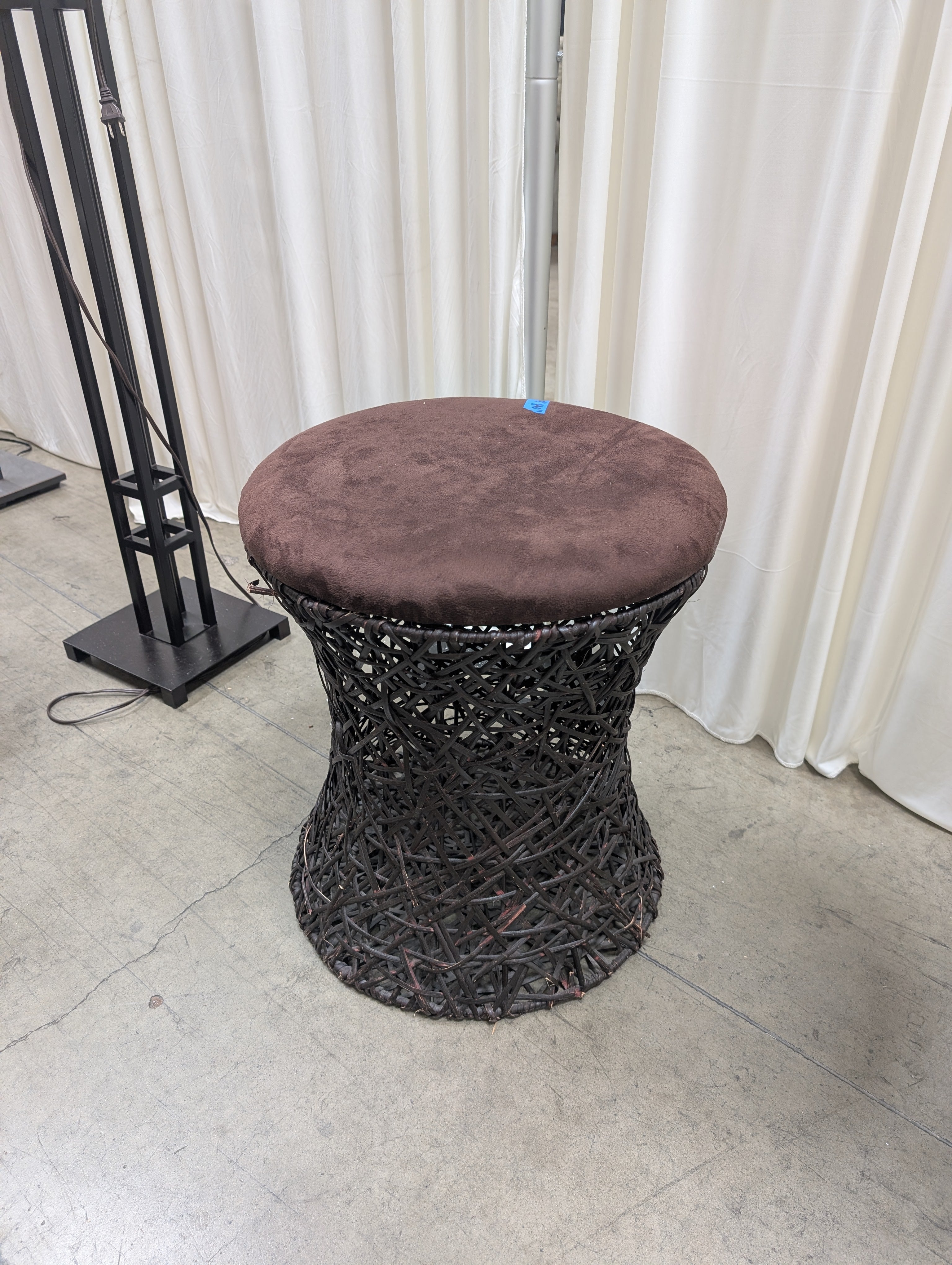 Round Velvet Ottoman with Woven Base