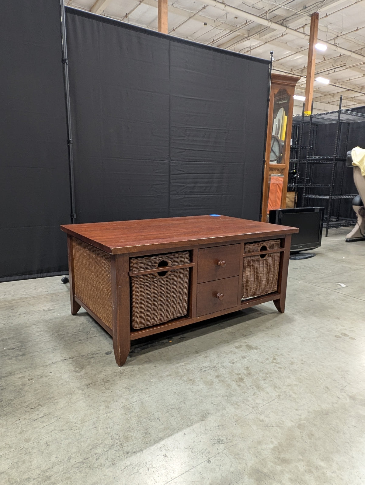 Dark Brown Wood Coffee Table with Wicker Storage Baskets