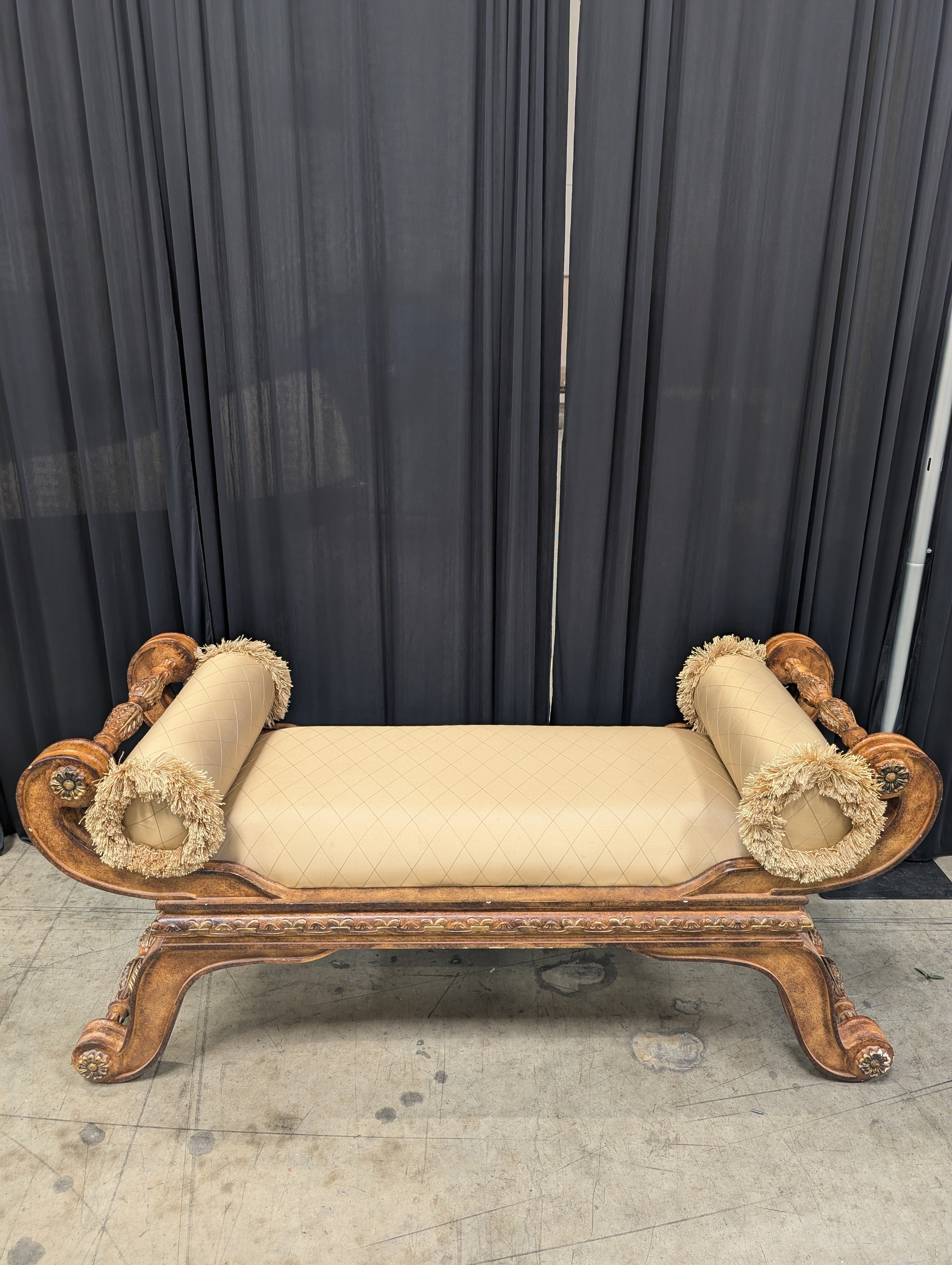 Ornate Carved Wood Chaise Lounge with Fringe Trim