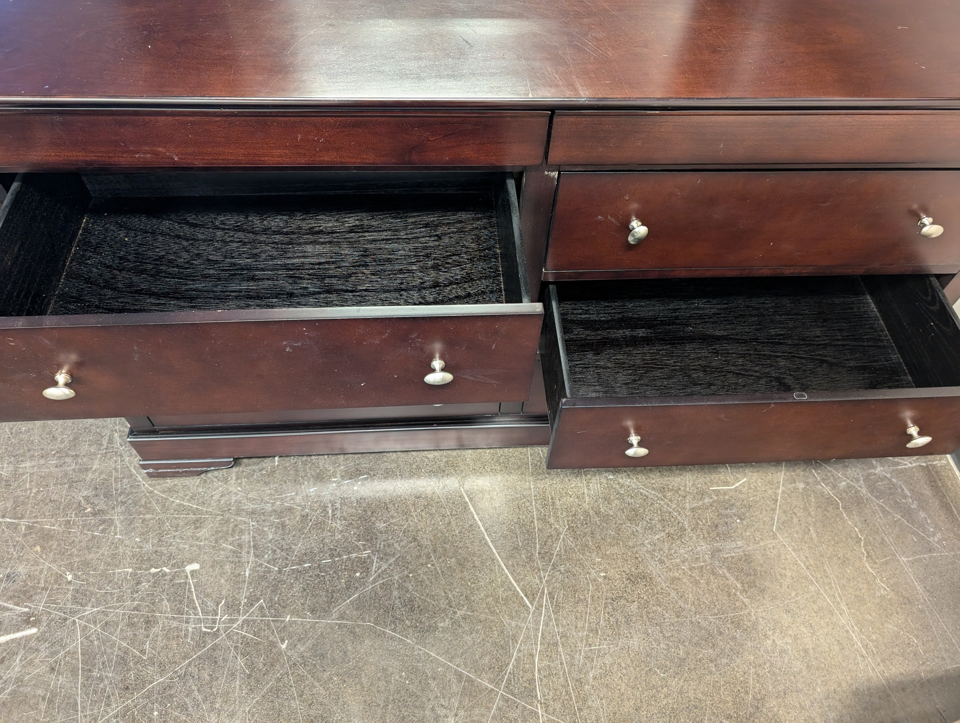 Dark Cherry Finish Six-Drawer Dresser with Framed Mirror