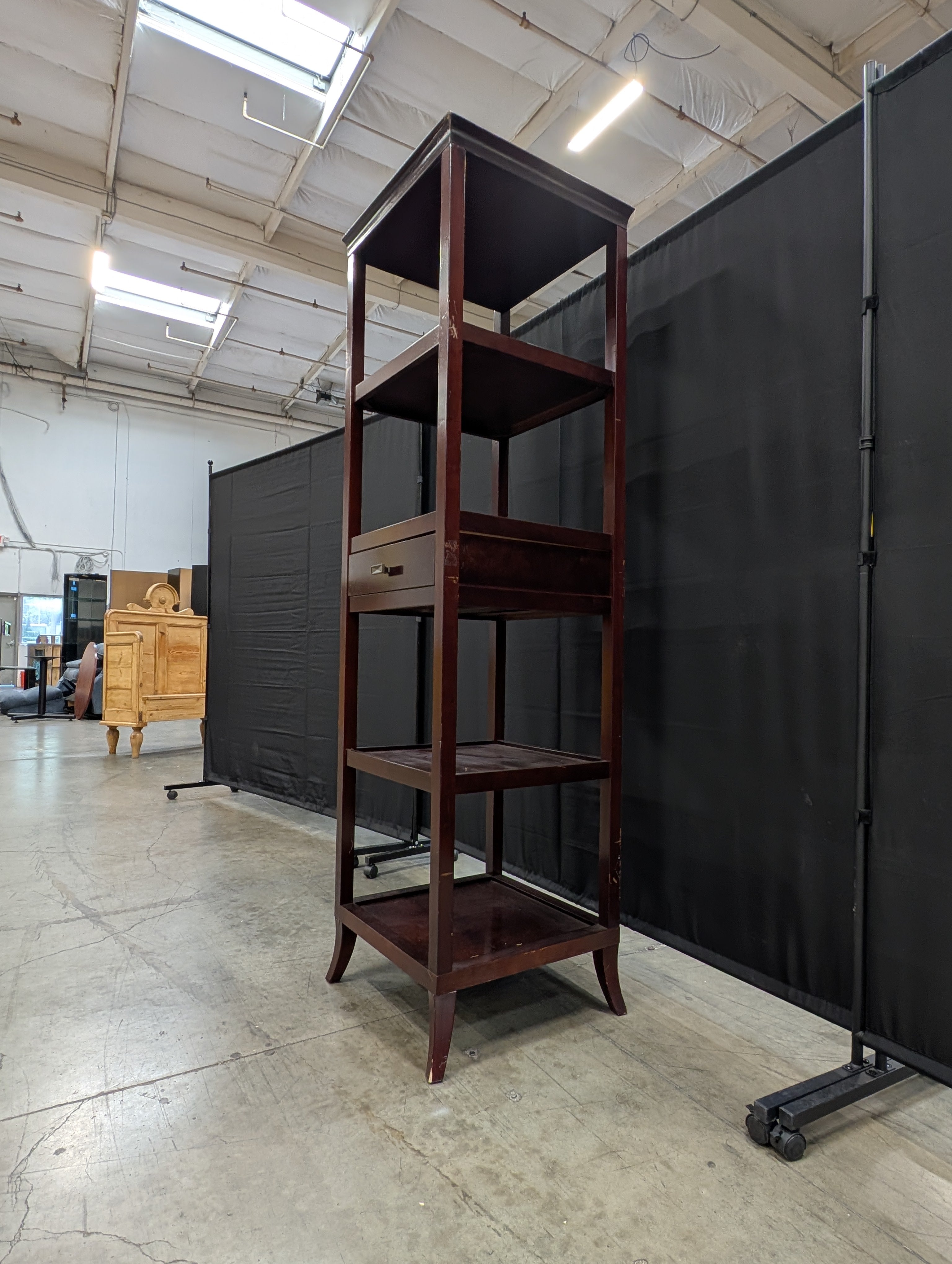 Tall Dark Wood Display Shelf with Single Drawer