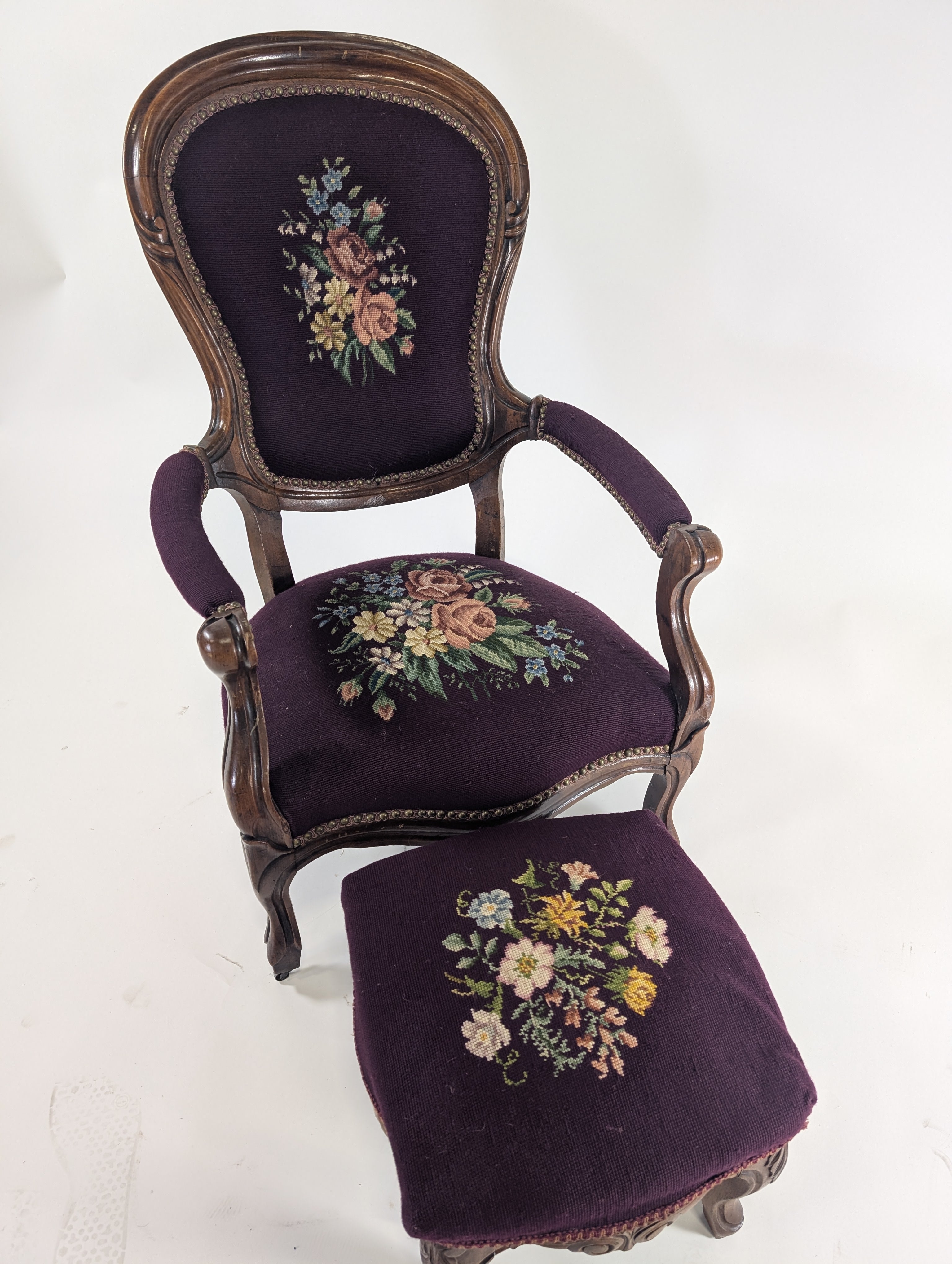 Vintage Rococo Style Armchair and Ottoman Set with Floral Needlepoint Upholstery