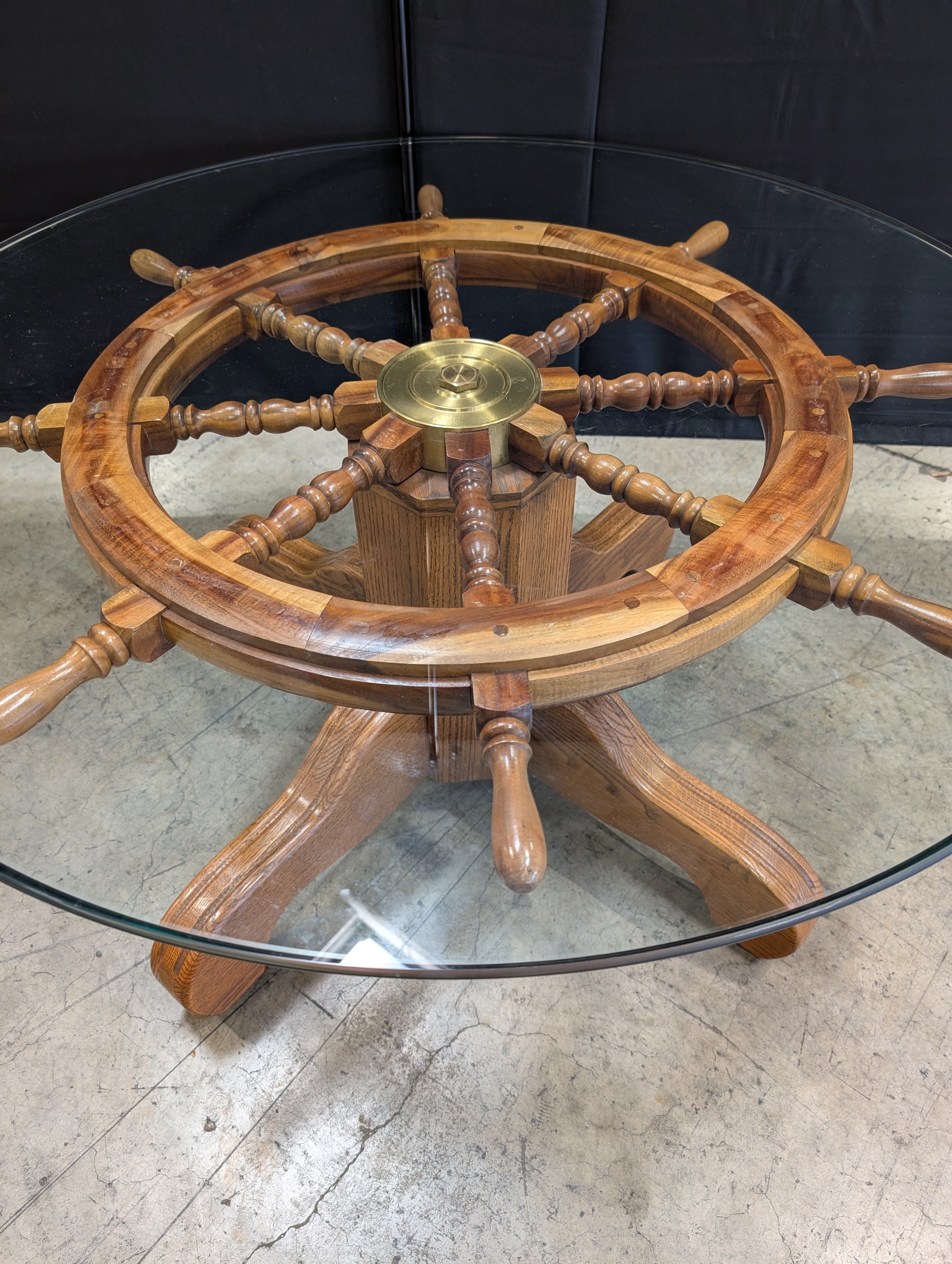 Nautical Ship's Wheel Wood and Glass Coffee Table