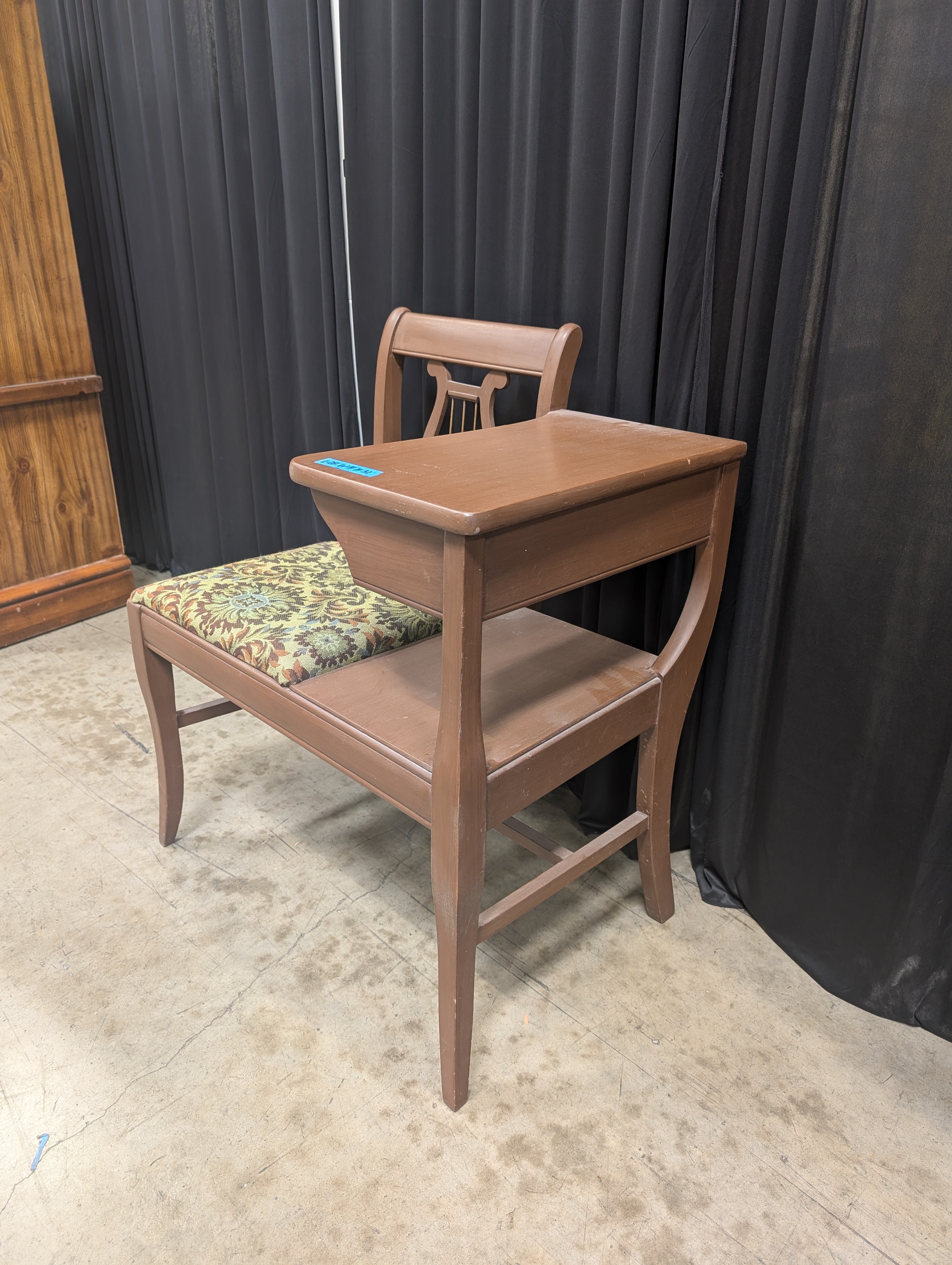 Brown Wood Lyre-Back Telephone Bench with Upholstered Seat