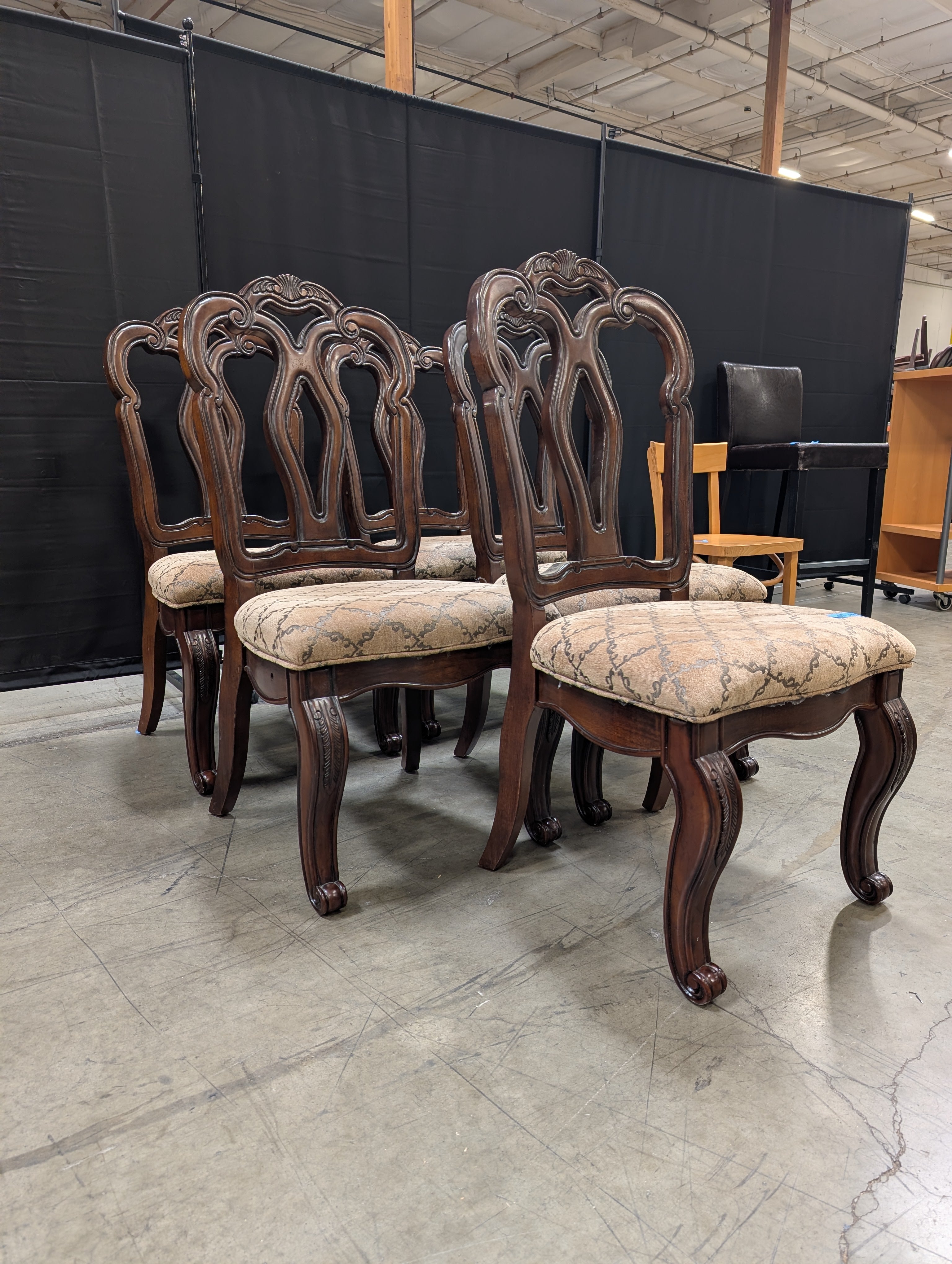 Set of Four Ornate Carved Wood Dining Chair with Patterned Upholstered Seat