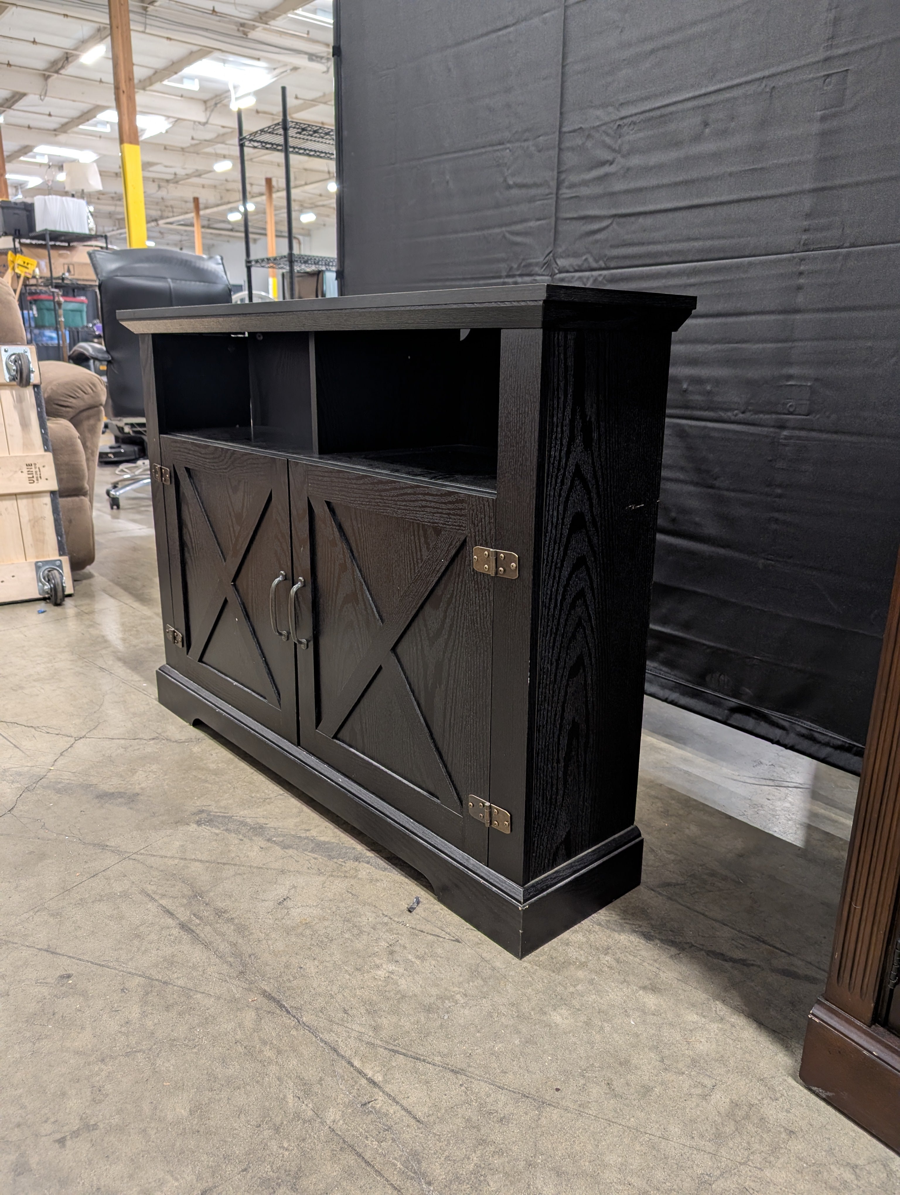 Black Corner Media Console with X-Panel Cabinet Doors