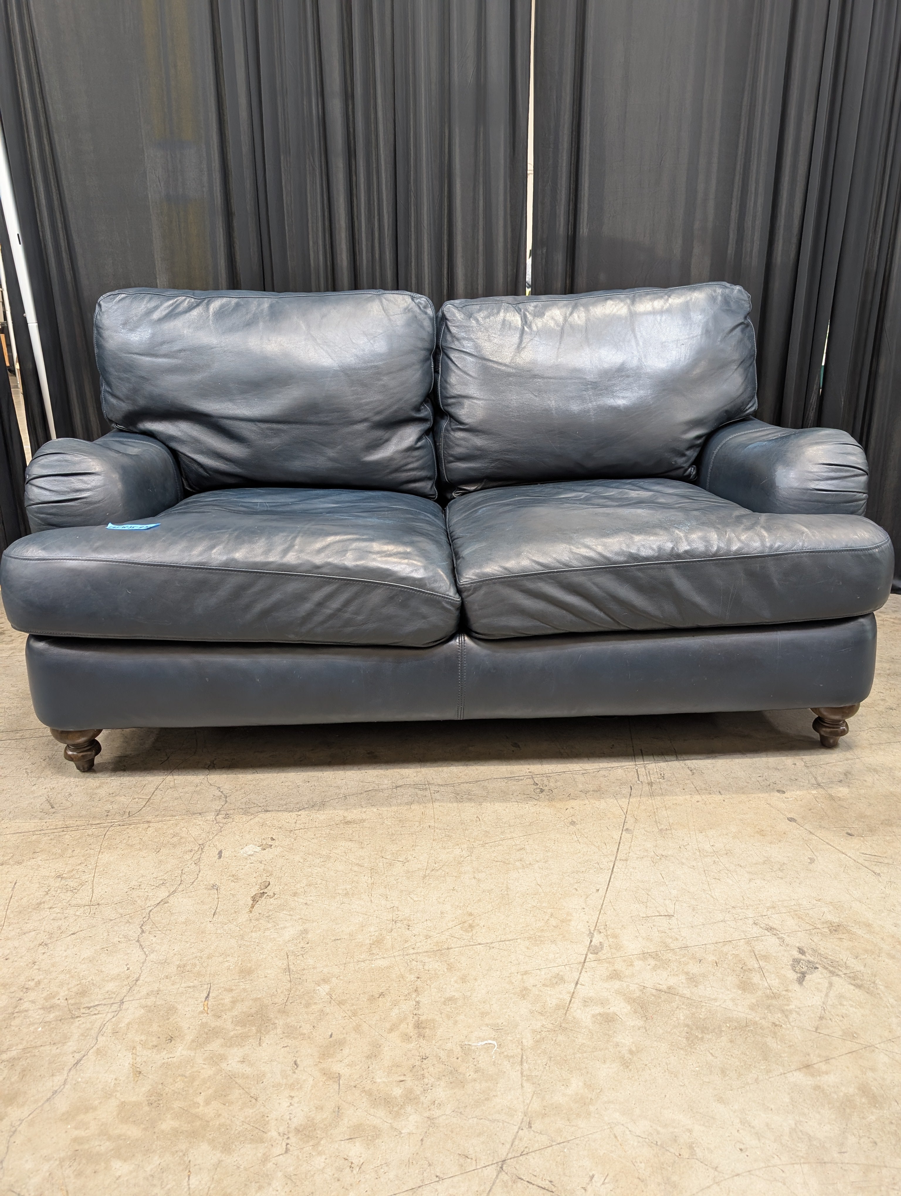 Plush Two-Seat Loveseat in Dark Blue Leather
