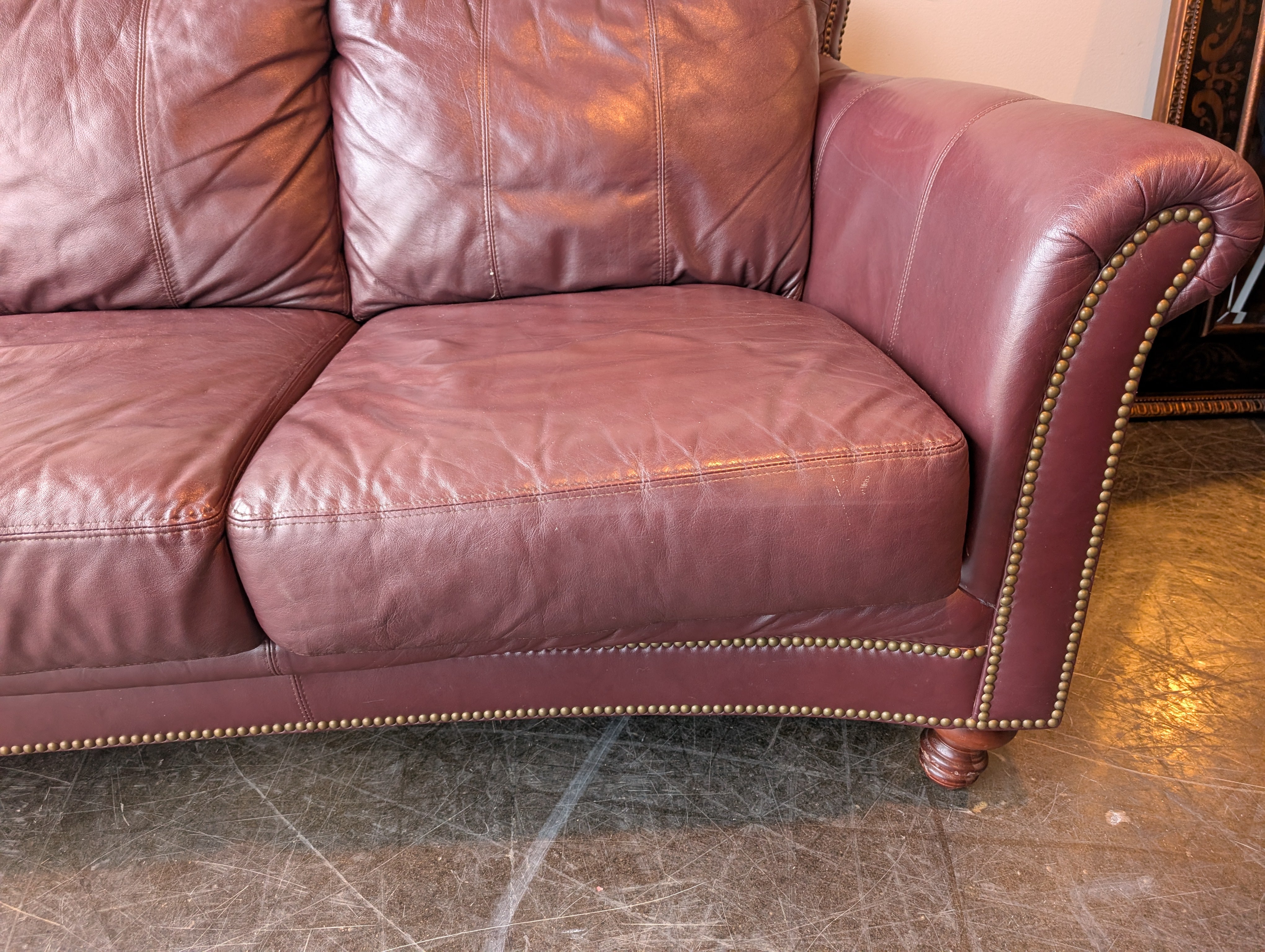 Burgundy Leather Three-Seat Sofa with Rolled Arms
