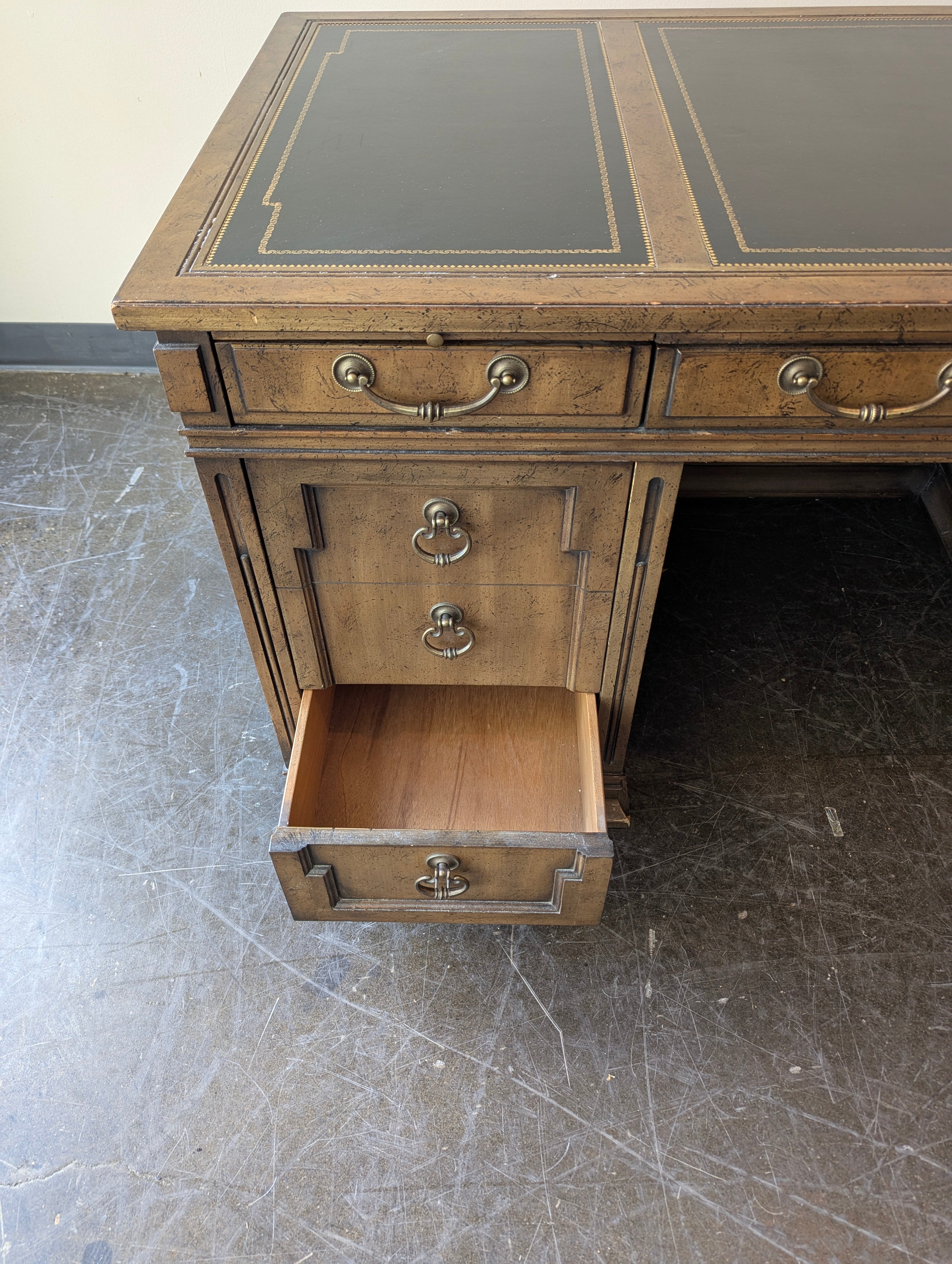 Vintage Style Pedestal Desk with Tooled Leather Top