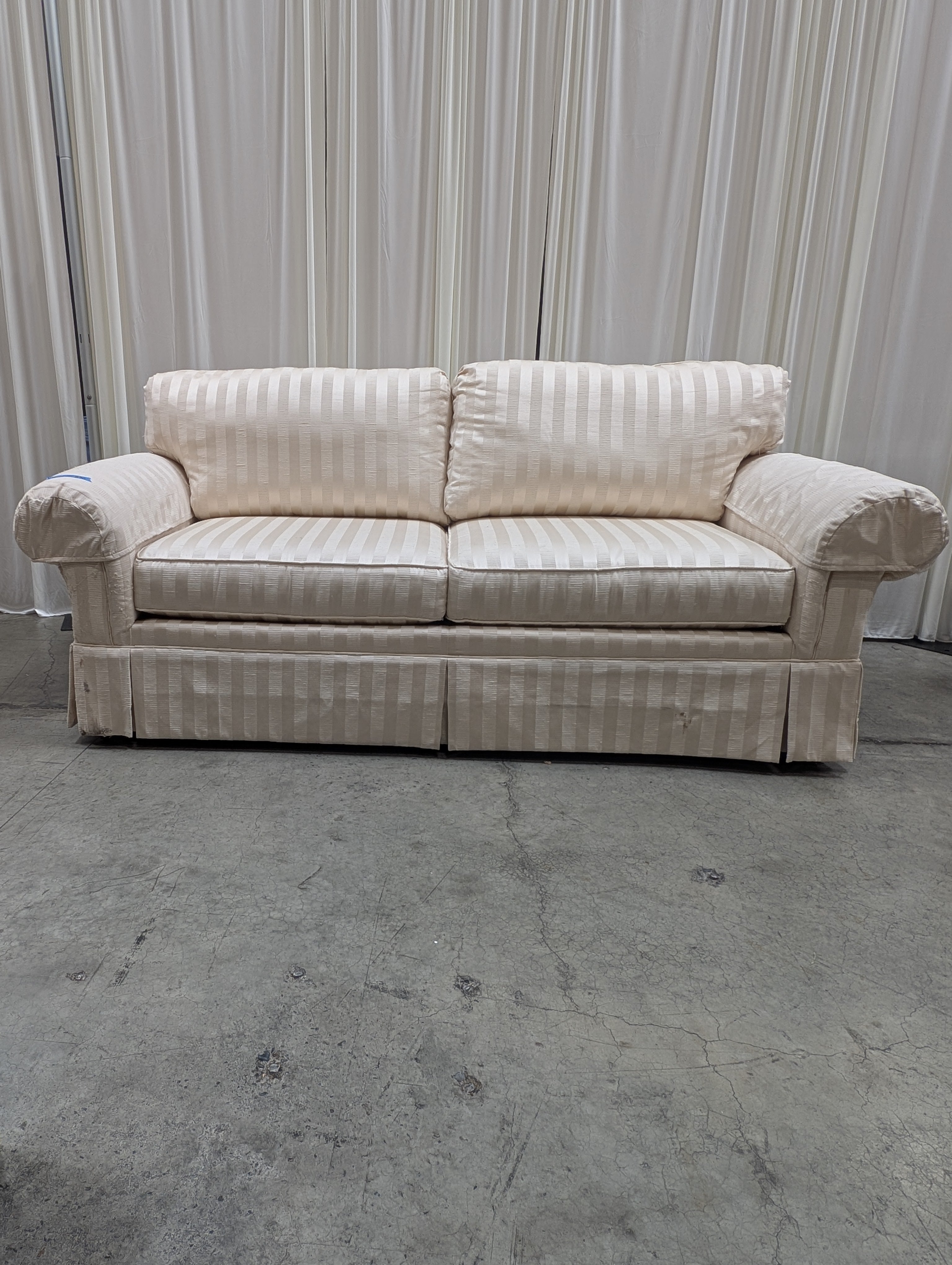 Woodmark Cream Striped Couch with Rolled Arms