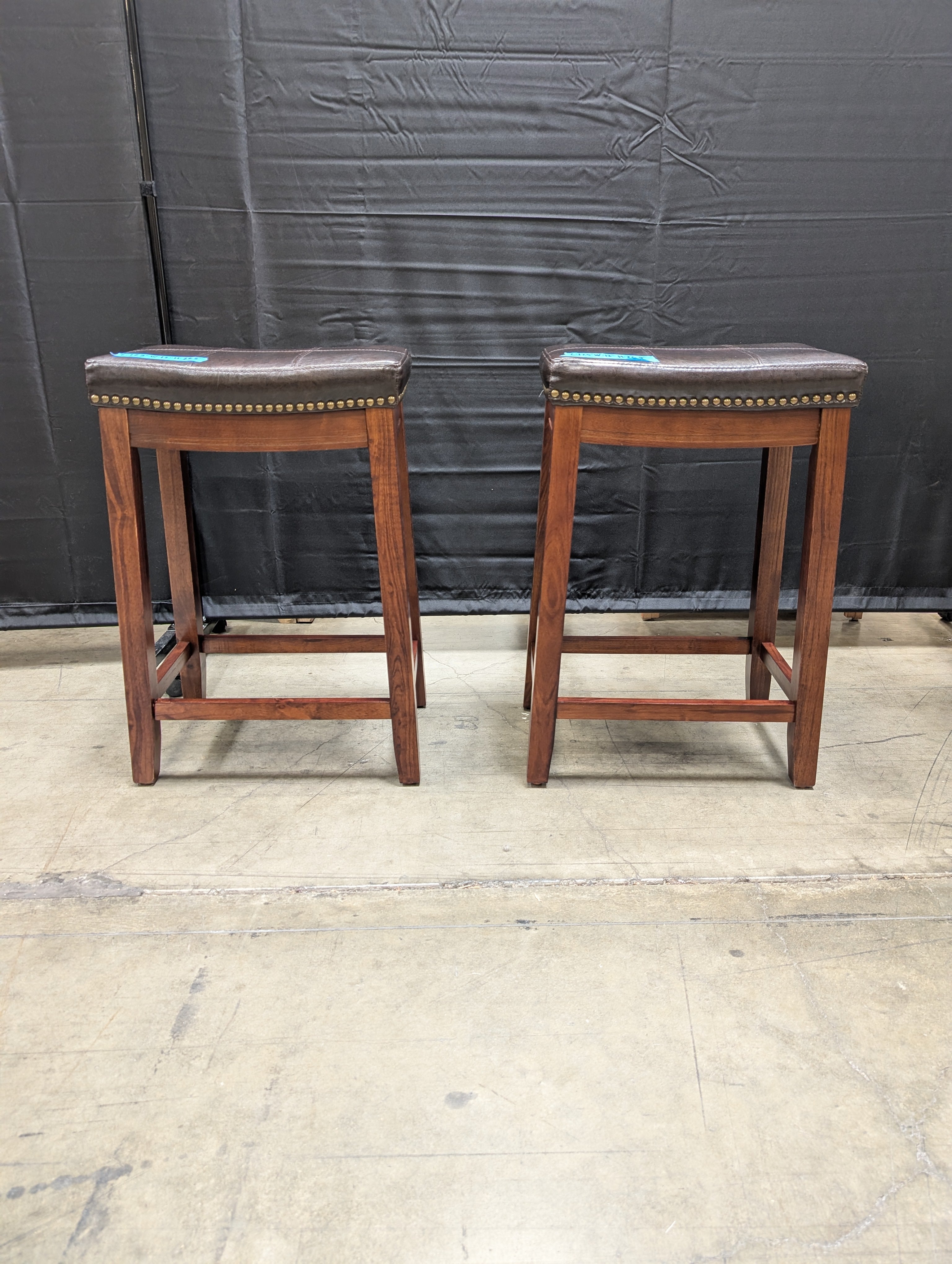 Pair of Brown Wood Frame Barstool with Nailhead Trim