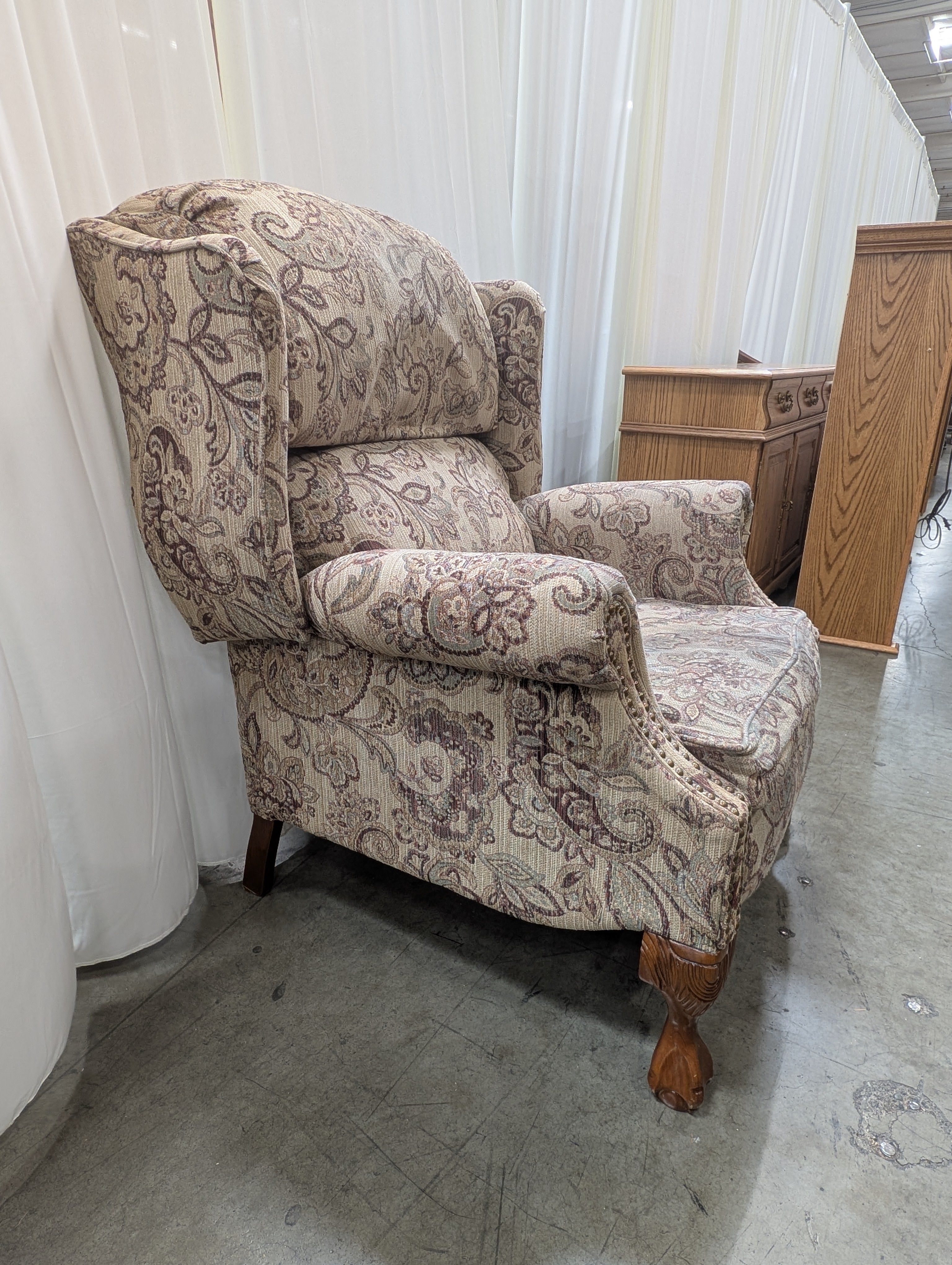 Paisley Fabric Wingback Recliner with Nailhead Trim