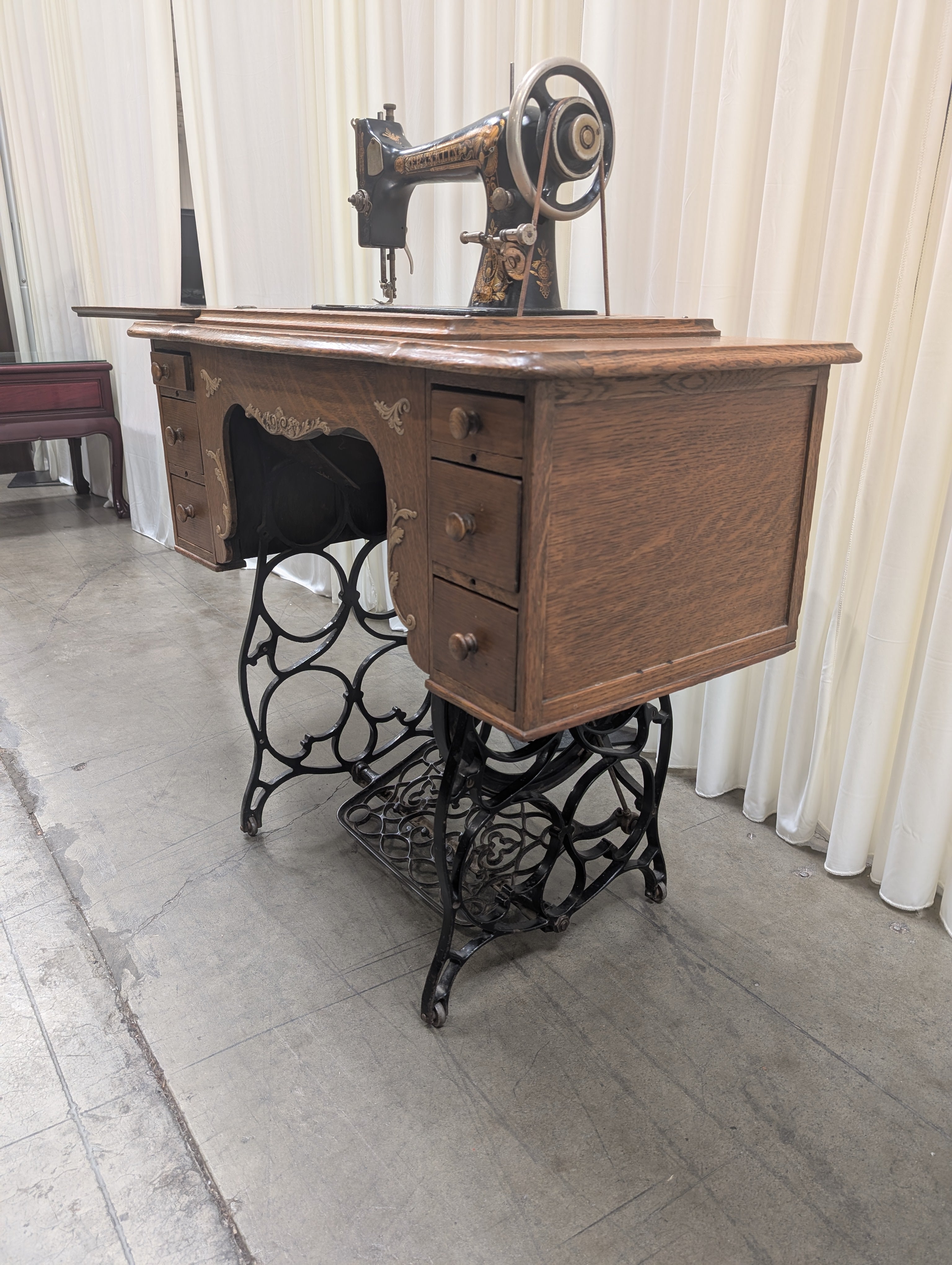 Oak Wood Antique Sewing Machine Cabinet with Ornate Details