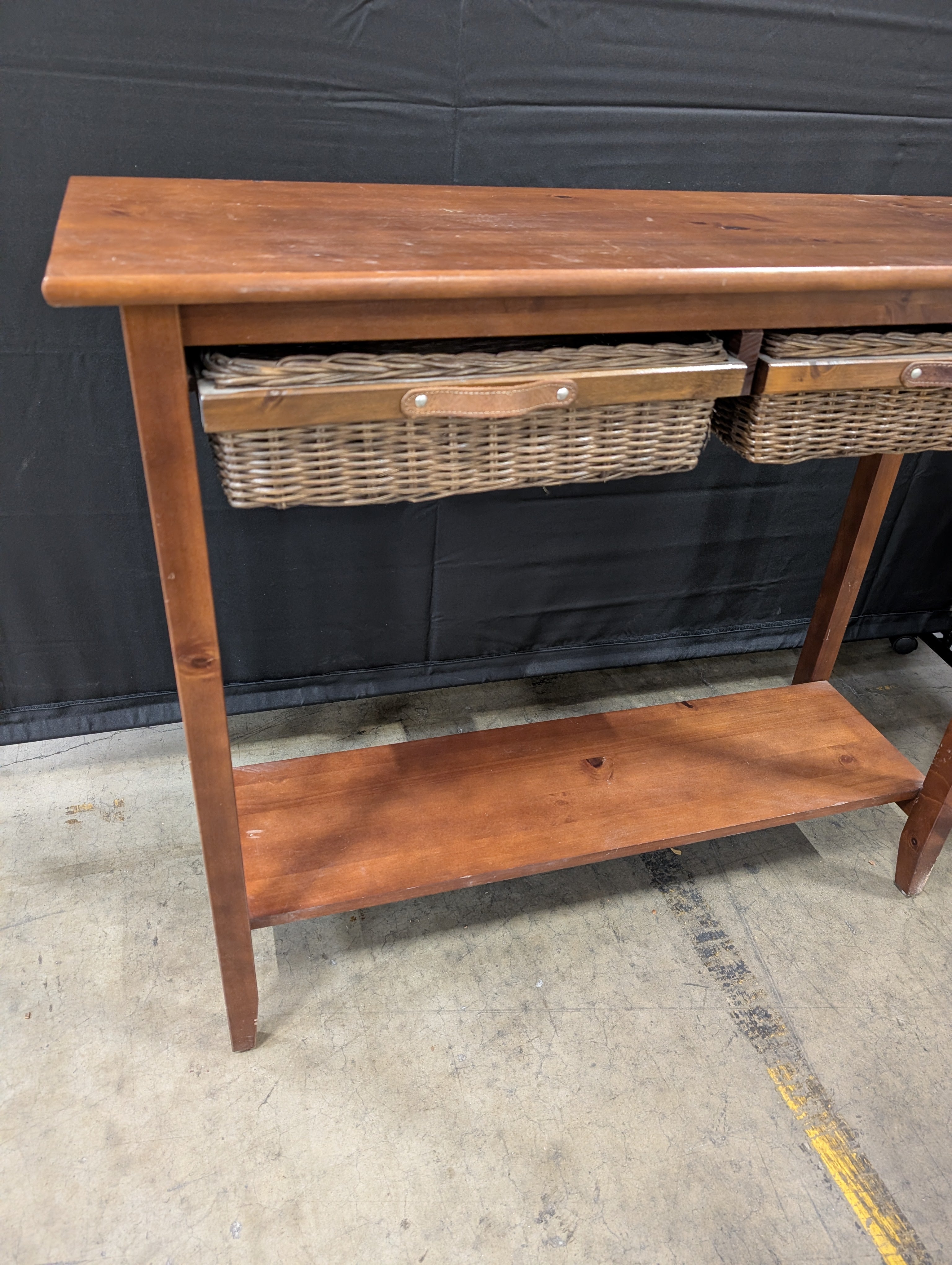 Rustic Wood Console Table with Woven Drawers and Lower Shelf